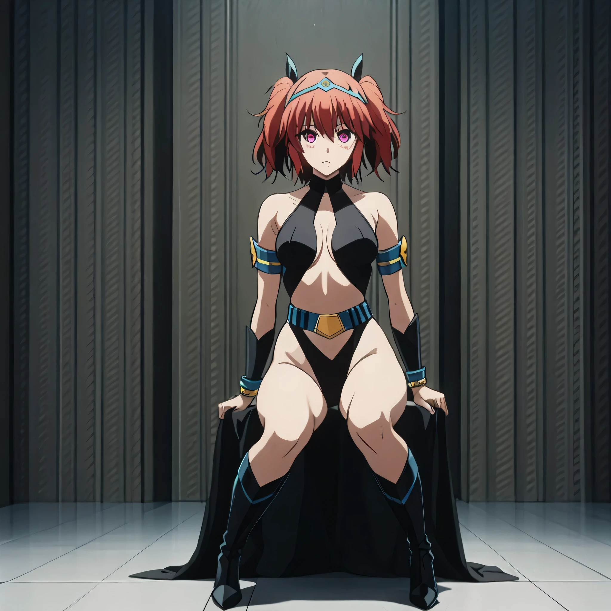 (((Masterpiece))), (((Best Quality))), ((Super Detail)), ultra-High resolution, score_9,score_8_up,score_7_up,score_6_up,score_5_up,score_4_up, BREAK, source_anime, anime screencap, uncensored, rating_explicit, Masterpiece, curvy, dark persona, empty eyes, expressionless, blank eyes, looking at viewer, full body, emotionless, Fighting Stance, shmnmzg3r, horizontal pupils, black leotard, clothing cutout, high heel boots, knee boots, circlet, armlet, bracelet, belt, halterneck, (((solo, 1girl))), hair ornament, seductive pose, submissive pose, medium breast, haru, red hair, short hair, twin tails, pink eyes, sitting on throne, throne