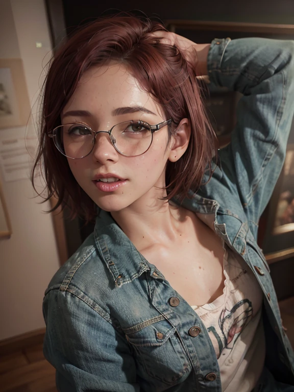 20 years old woman, The hair is smooth and short and at the ends is wavy is light brown, usa gafas, tiene ojos marrones, light brown skin, Your body is BBS and is developed, en la parte superior del cuerpo, senos grandes