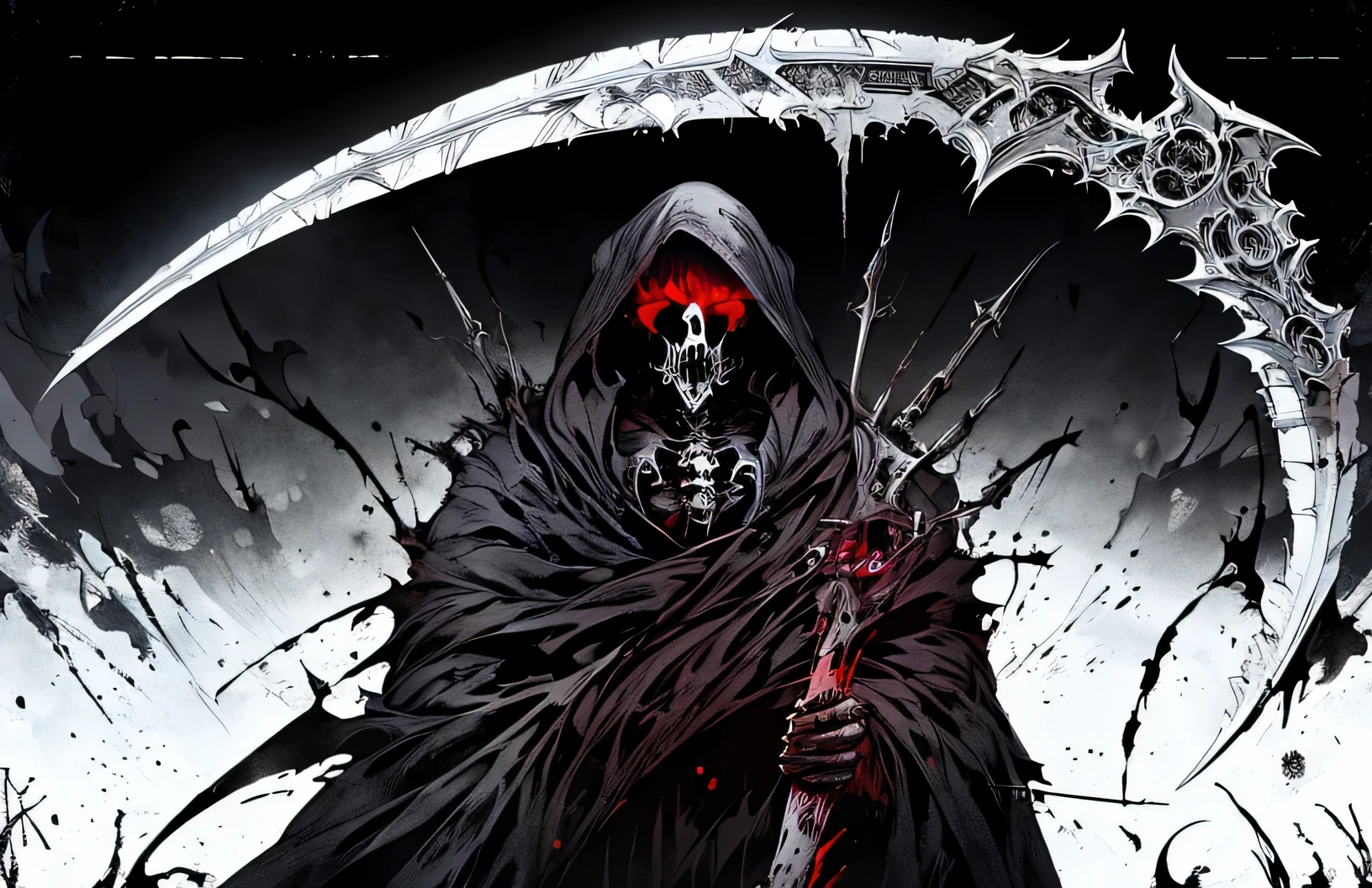 cyberpunk style grim reaper, black and white graffiti illustration , with red blood stains , There is a scythe , glowing eyes ,