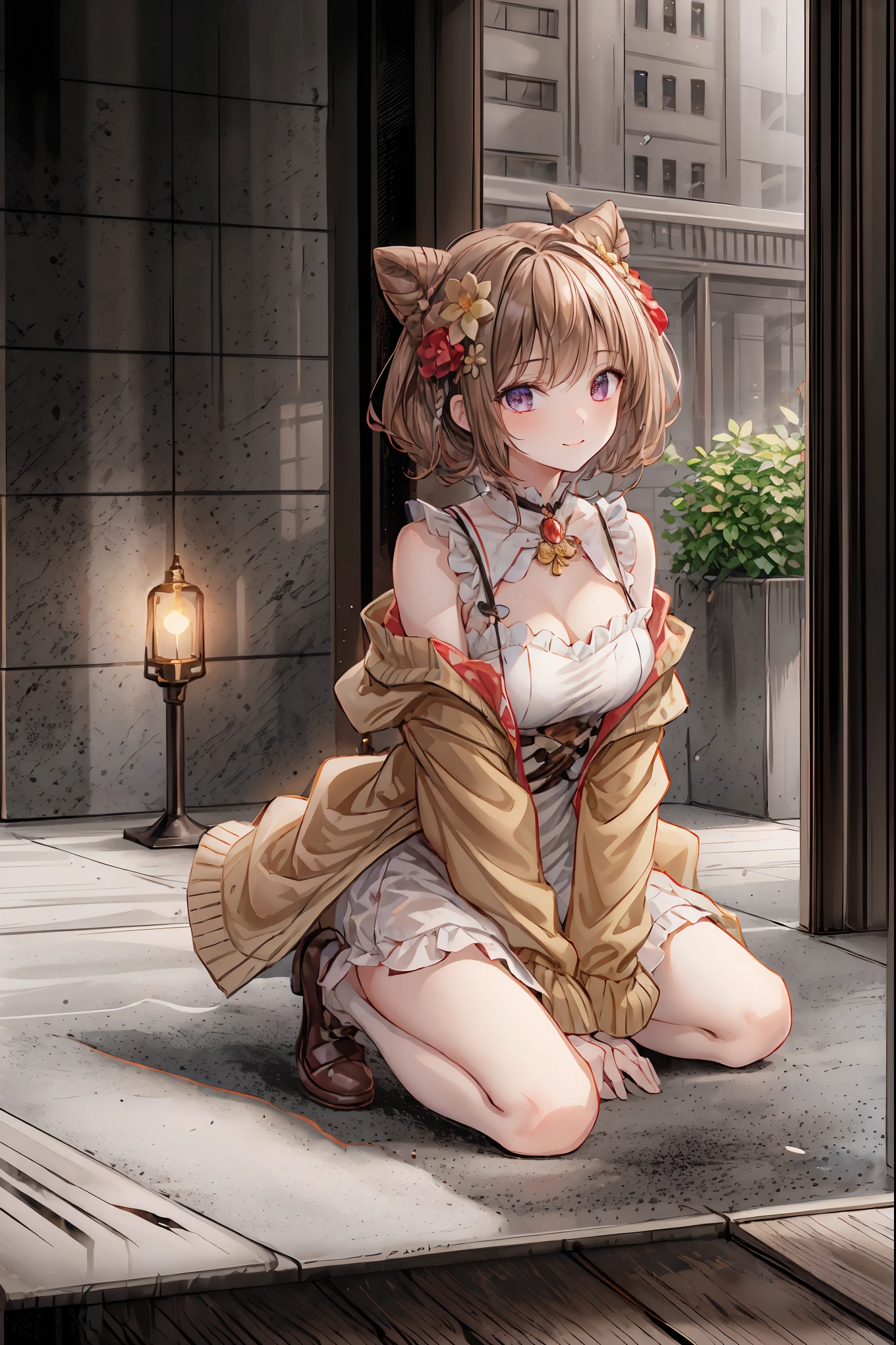 masterpiece,masterpiece, top quality, best quality, is present, Unity, 8k wallpaper, Official Art, extremely detailed CG Unity 8k wallpaper, 1 girl in the best, Alone, flower, into a bun, hair ornament, mole, look at the viewers, hair flower, bangs, are blurry, smile,