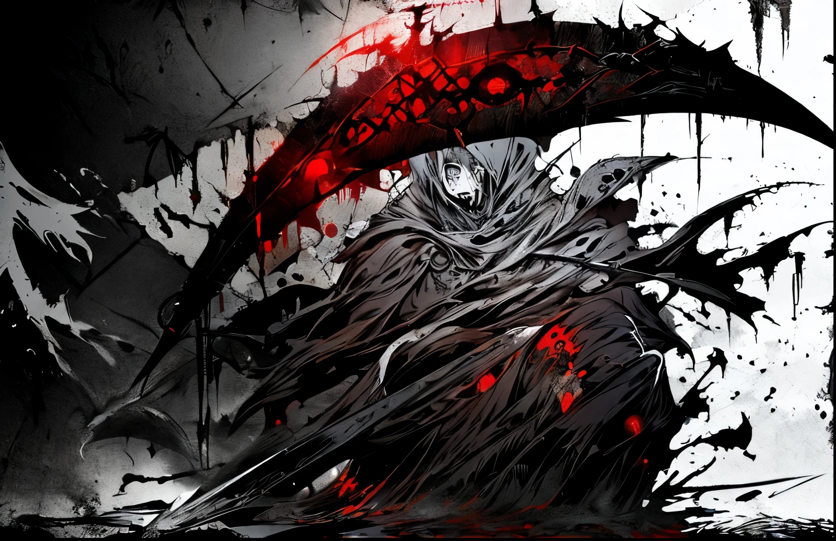 cyberpunk style grim reaper, black and white graffiti illustration , with red blood stains , There is a scythe , glowing eyes ,