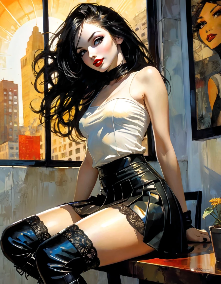 ((Art style by Patrick Nagel)), ((8k, wallpaper, detailed)), korean popstar, thighhighs, high heels, long legs, black hair, pretty hands, fringe, full body, samurai sword, (multiple girls:1.4), simple red background, palm trees, (graffiti wall:1.2), muscular, strong, courageous, art by Patrick Nagel