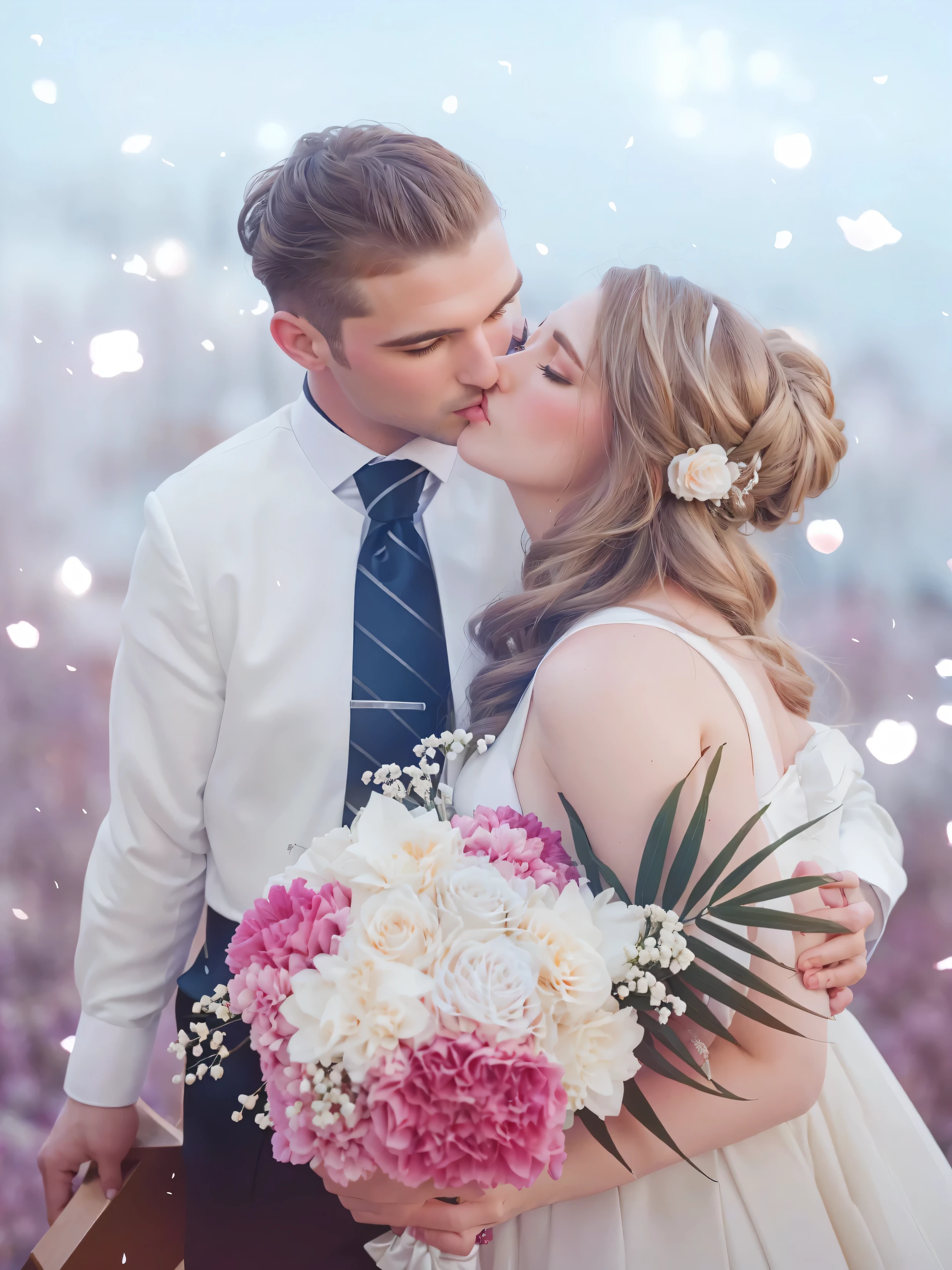 bride and groom kissing , in their hands a luxurious bouquet of flowers , photographic photography, extreme quality , maximum detail , top quality , masterpiece, 8k, extreme hair detail