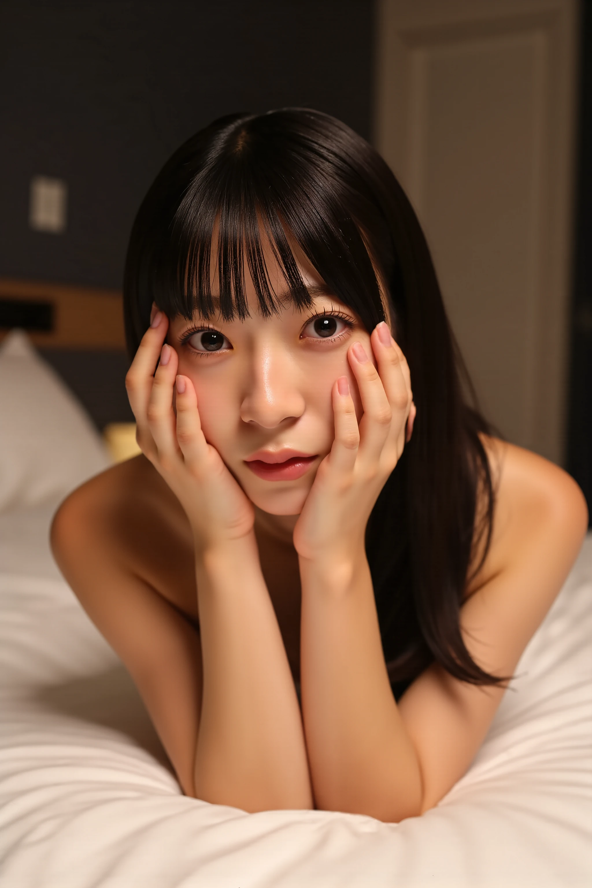 A high resolution photograph of a Japanese young woman, intricate details, professional lighting, sharp focus, solo, 1girl, posing for gravure photography, (full frontal, completely nude, naked, lying in the bed, covering own nipples with both hands:1.4), straight long black hair with bangs, slender body, fair skin, detailed face, detailed eyes, sophisticated nose, after sex, ashamed, lewdlook, (perfect hand, perfect anatomy, correct anatomy), indoors, bed room in luxury hotel, at night,