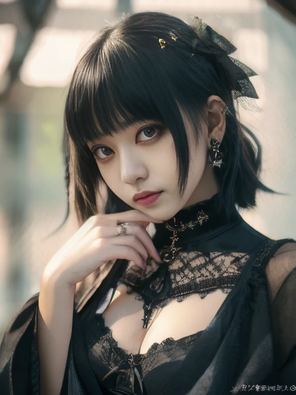 Surreal、A masterpiece of delicate and detailed line drawing、Highest quality、Highest quality、(One Woman、16 years old、(Big Breasts:1.3), (Big Ass:1.3)、(Black Hair、Hime cut, short hair:1.2)、(Natural Makeup、Eyelash extensions、Draw eyelashes sharply、Eyebrows are thin and short、Deep orange blush:1.1)、(Spaced out、Looks sleepy、Open your mouth、cheeks turn a little red:1.2)、(Simple black hair accessories、Gothic dress with exposed chest:1.3))、Dark Rose Gardens、Purple Rose、(Blur the background:1.3)、(Top view of the subject:1.1)、Photo from thigh up