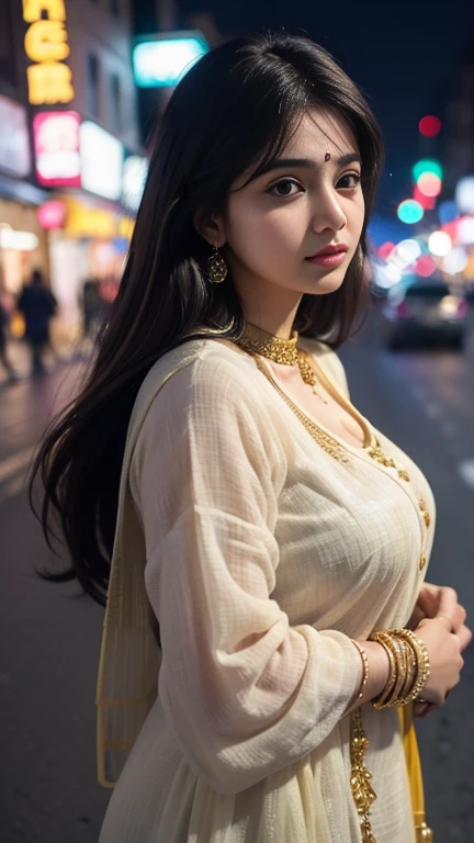 (((desi girl))), chubby face, natural skin, wearing hot deep neck top and dupatta, charming black hair, ((hair ends are blonde)), city streets background, bokeh