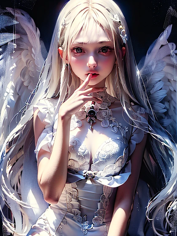 ultra realisitic、Wings of an Angel、Fair skin、a large breast、Official art、archangel、White and beautiful hair、White dress、ciel、Detailed details、ultra res、realphoto、necklac、deity々Shikai、Hands that wrap around the light