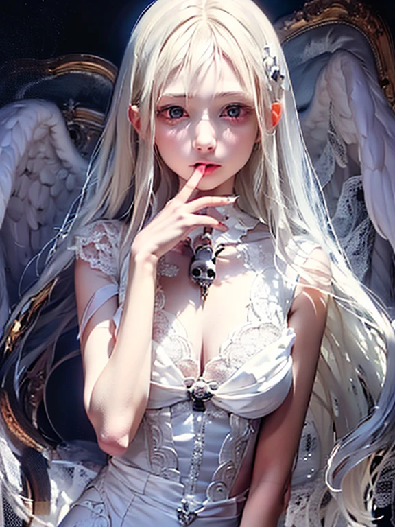 1girlhugebreasts, flower, solo,Halo, Long hair, Wings, White hair, pink flower, Sitting, flor branca, The angel, Water, Rose, Long sleeves, red flower, Dress, head rest, Angel wings, Feathered wings, Closed mouth, Pink rose, blueflower, bangs, White dress, plant