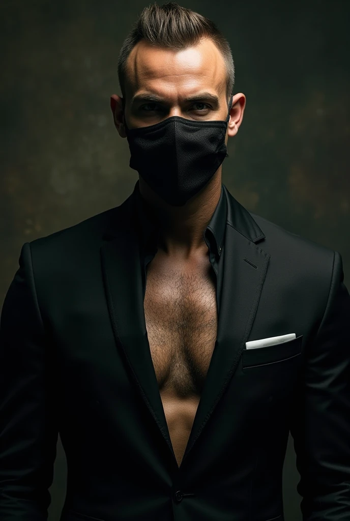 Um homem branco_um pouco forte_cabelos longos pretos e lisos_wears a black tunic_wears a hat with wide ends that covers his face a little_ele usa um pano que tampa a boca e o Nariz dele_ele usa uma faixa nos olhos _has a tattoo on his neck (posturado, elegante e misterioso).