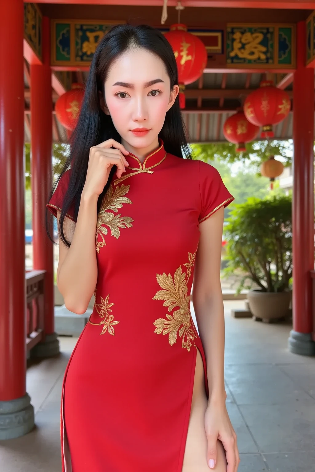 (photorealistic:1.4), real photo, 8K UHD,realistic light,Best quality, masterpiece, ultra high res, a beautiful Ulzzang, chinese woman , shiny skin best quality,,long hair , cruvy figure,( red cheongsam dress), background is Chinese temple , outdoor, sky , ,35mm film , artistic elements that showcase the girl's natural beauty and grace, <lora:FilmVelvia:0.65>,(photorealistic:1.2) and (Realistic:1.2) and Detailed skin texture and detailed skin pores