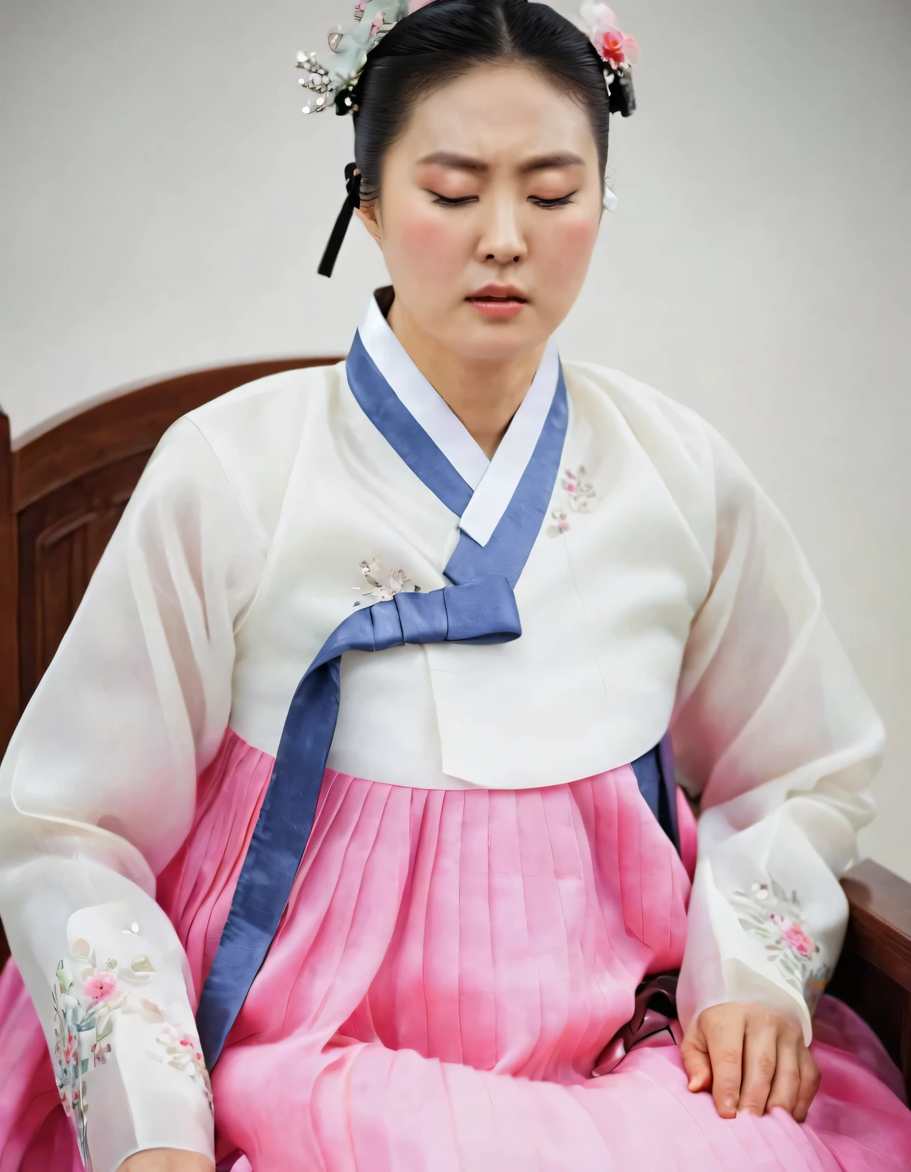 8k, A Korean man had surgery to change his body from male to female, his body is completely female, he has big breasts like a woman, but his face is not changed and still looks like a man, His hair is still manly and short, manly short hair, he is wearing a mother's hanbok dress costume, silk,Mother of the Bride Dress Outfit, white and pink, Floral pattern, He sits upright in a special device chair, Being brainwashed, There are several electrical cords and electronic devices plugged into his head, Being brainwashed, brainwashing electronics attached to head, expressionless, eyes closed, unconscious, Full body shot