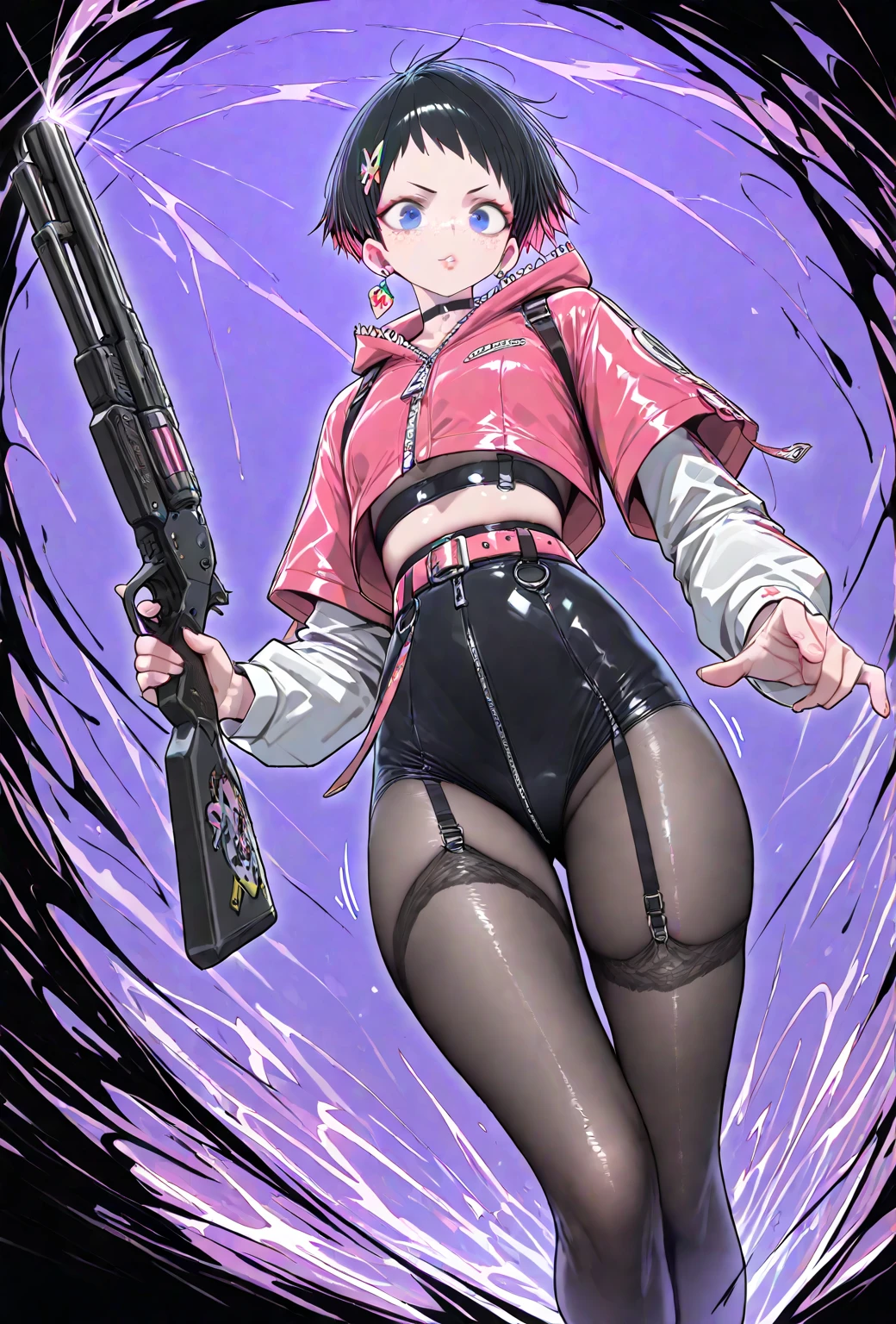underdressing,Love,Playful,Sticking out tongue,Red Eyes,Sweat,Soaked,liquid,transparent,Expression of disgust,Back,Cropped tops,Leather Shorts,succubus,pink