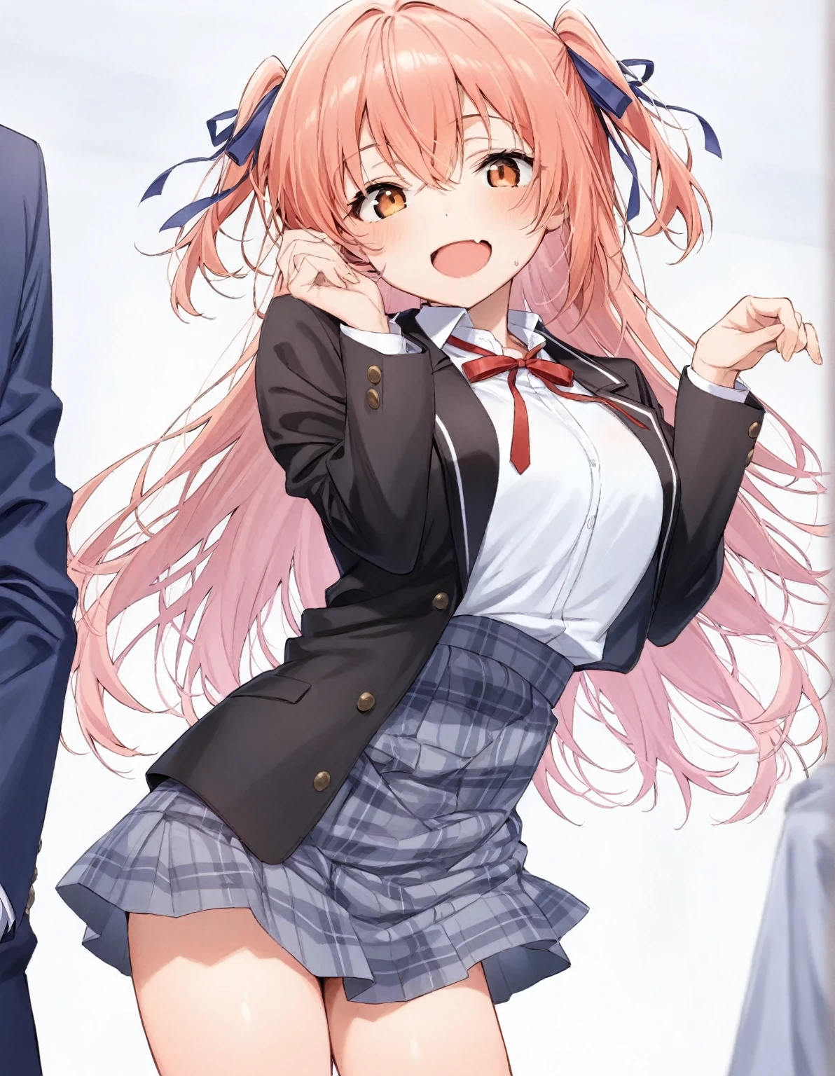 score_9, score_8_up, score_7_up, rating_explicit, 1girl, 1boy, solo, MahiruShiina, otonari no tenshi-sama ni itsu no mani ka dame ningen ni sarete ita ken, shiina mahiru \(otonari no tenshi-sama\), yellow eyes, blonde hair, long hair, straight hair, medium breasts, blazer, blue jacket, bowtie, red bowtie, cardigan, skirt, brown skirt, plaid skirt, miniskirt, skirt lift, faceless man, grabbing hips from behind, thigh sex, penis, cum, pantyhose, cowboy shot, looking at viewer, outdoors, standing, street, blush, open mouth