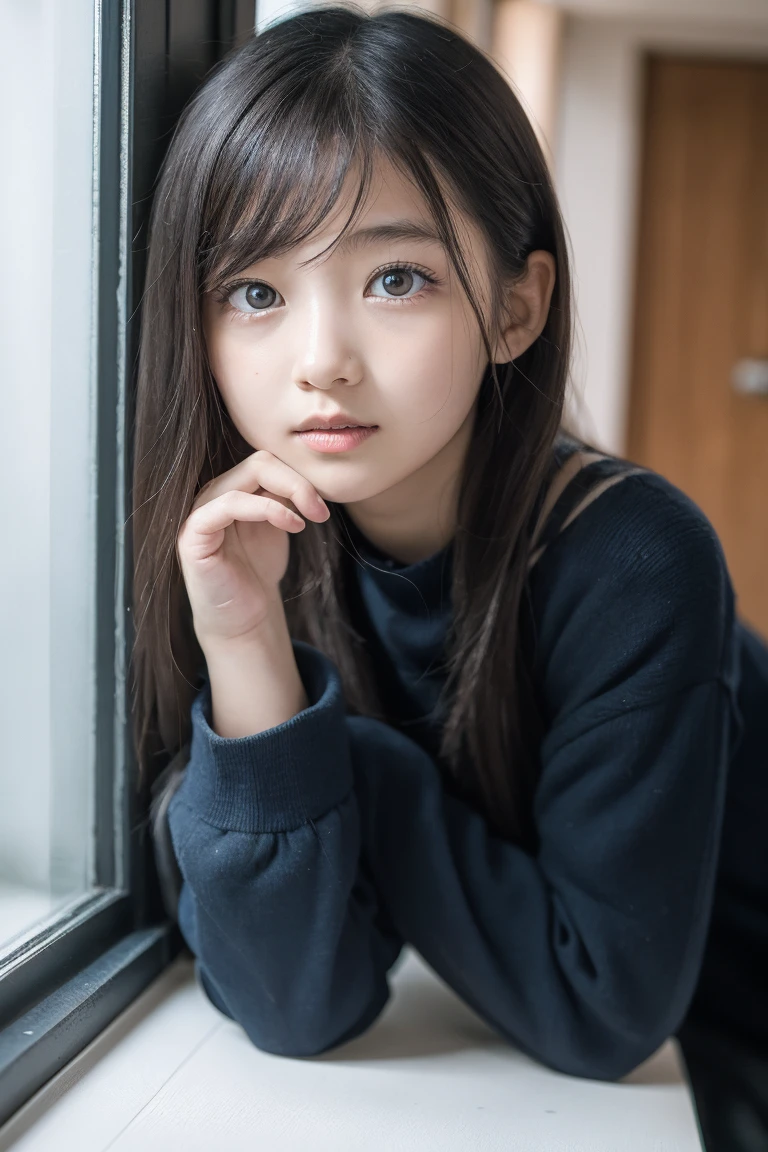 teenage human girl, black hair, large penis, veiny penis, limp penis, soft penis, hair obscuring face, navy blue sweater, black pleated skirt, sitting on floor in bedroom, embarrassed, blue eye, face mask, hair covering eye, camera pov, one eye, low view, stroking penis, camgirl, camera recording symbol
