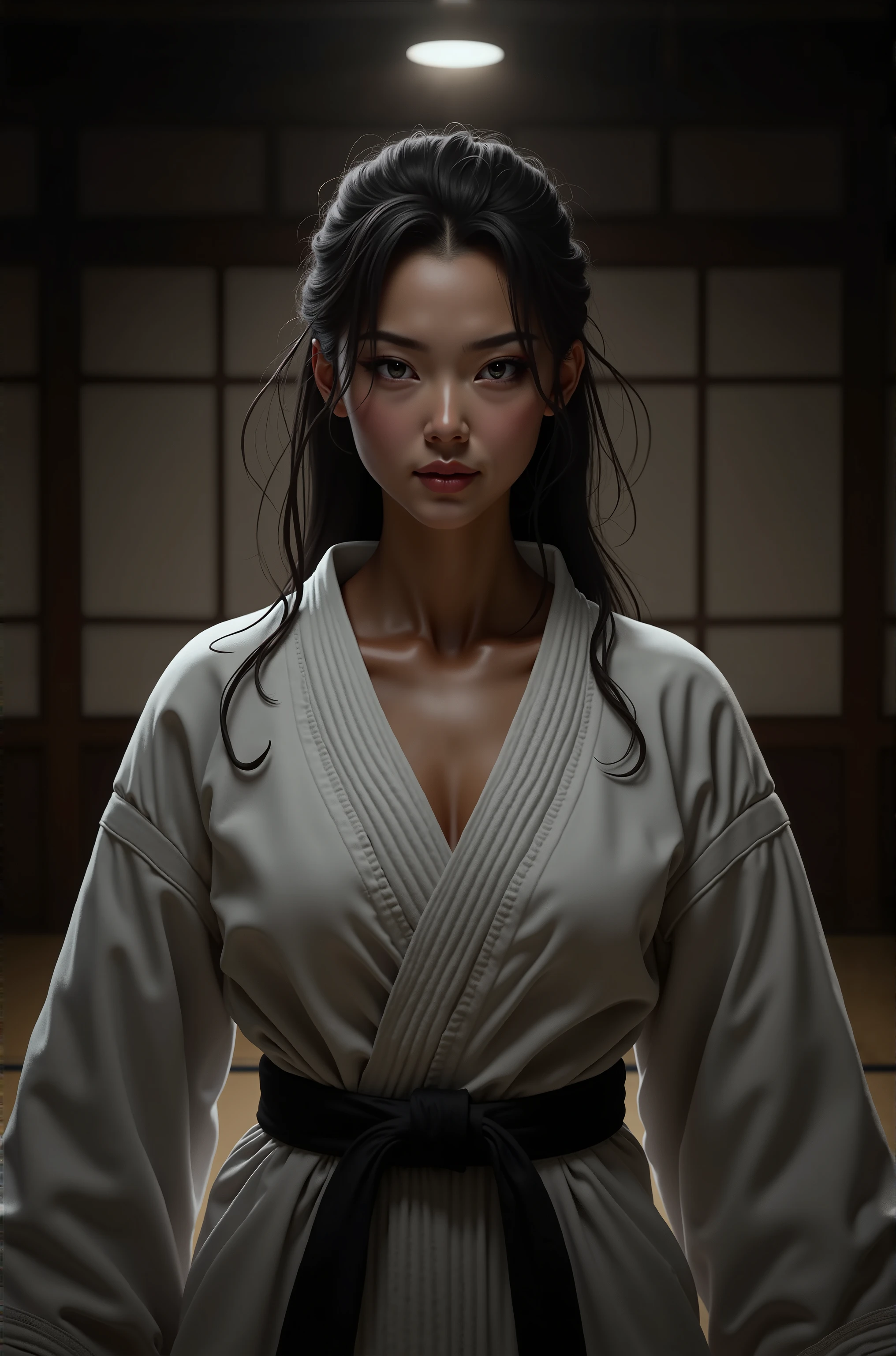 Girl, very short black hair updo, White karategi with blue belt, light brown eyes, in a totally dark black dojo, combat pose, serious face, bruised forearms, big breasts, big breasts, serious eyes. Bleeding forearms, aggressive posture, yelling.