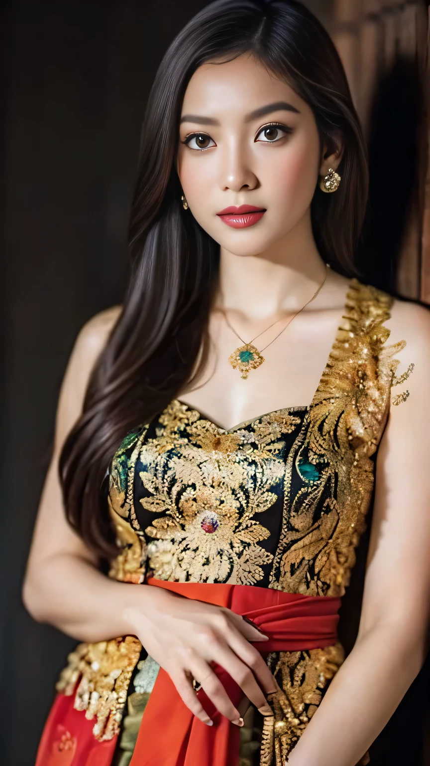 a beautiful girl, detailed body tattoos, wearing kebaya dress, beautiful detailed eyes, , cute girl, huge breasts, earrings, necklace, Javanese ornaments, open your legs, photorealistic, 8k, masterpiece, highly detailed, digital painting, vibrant colors, dramatic lighting