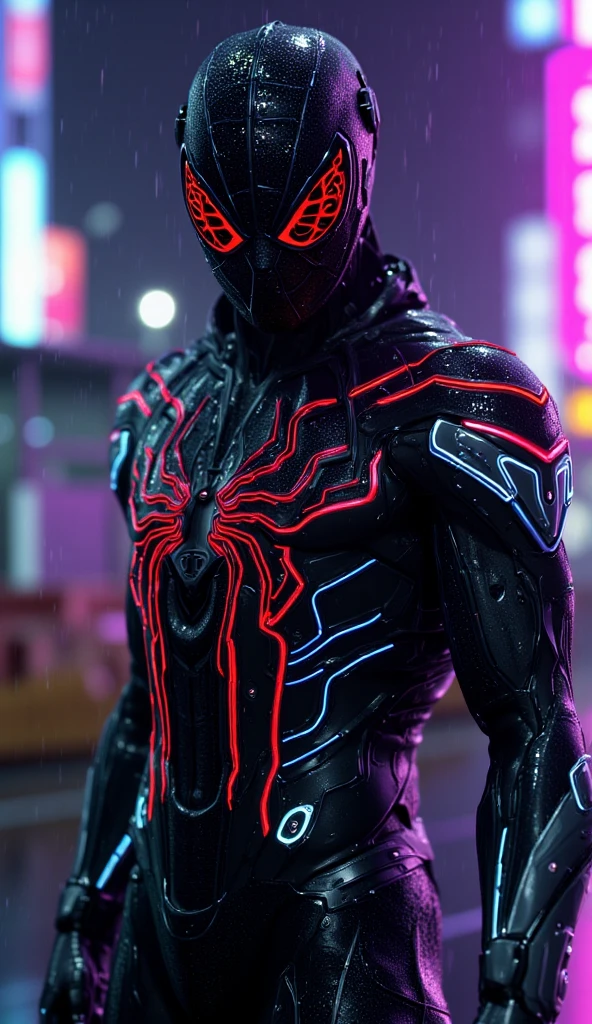 "A striking, futuristic depiction of Spider-Man, set against a dark, neon-lit urban landscape. The character wears a high-tech, cybernetic suit that is predominantly black with vivid red accents. The suit's design is intricate, with complex, interlocking armor plates that create a sleek yet durable appearance. The web pattern on the suit is sharply defined, glowing with a radiant red light that runs through the entire outfit like a network of energy conduits.The mask is a technological marvel, with angular red lines and glowing cyan eyes that give off an intense, almost menacing aura. These eyes are composed of advanced, luminescent lenses that suggest enhanced vision capabilities. The suit's chest prominently displays a large, glowing spider emblem, designed in a geometric, almost mechanical style, with bright orange and yellow lights that pulse with energy.Additional details include small, embedded circuits and tech nodes scattered across the armor, particularly around the shoulders, chest, and forearms. These elements hint at various functionalities and augmentations within the suit. The forearms and gauntlets feature reinforced, metallic segments, suggesting increased durability and strength in combat. The suit also has subtle blue highlights in the joints and on certain plates, adding depth to its overall design.In the background, the urban environment is bathed in the glow of neon lights, with blurred signs and advertisements casting vibrant reflections on the suit’s glossy surface. The scene exudes a cyberpunk atmosphere, with the Spider-Man figure appearing as a formidable, high-tech guardian of this futuristic cityscape."