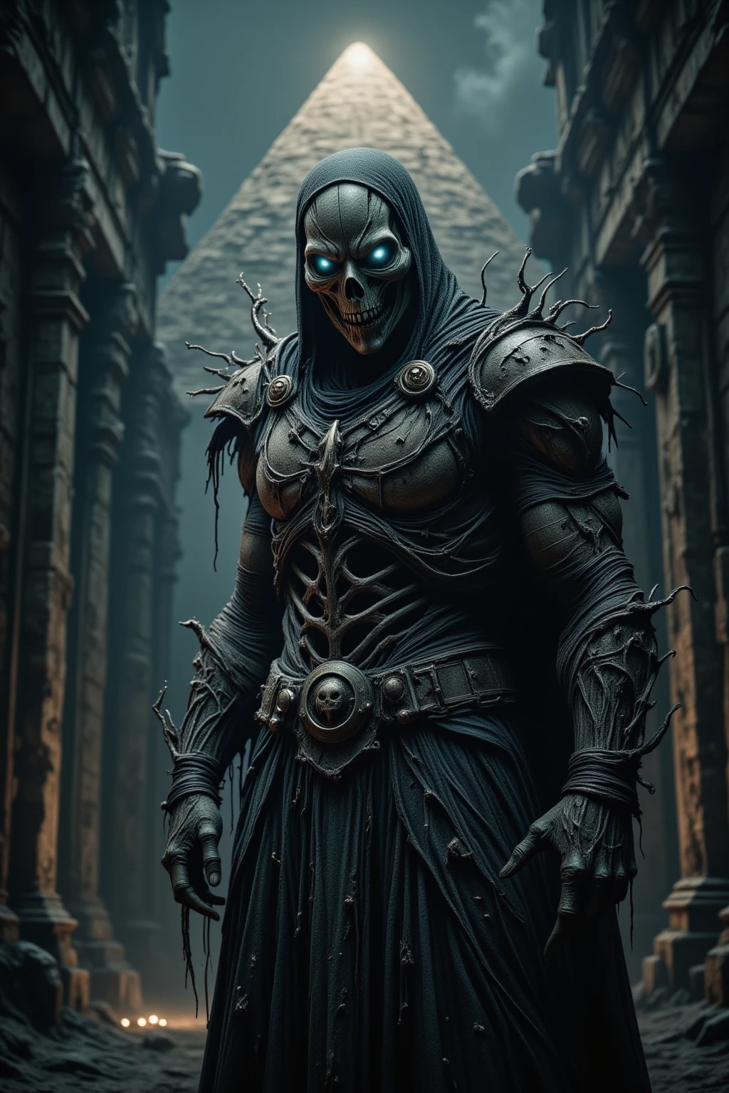 Photorealism，close-up imagery，3D inorganic male figure，身穿白色whole body长袍，With hood，Wearing a black halo，Emit an aura of poisonous spikes。Asymmetry，Dynamic Angle，Dynamic poses，3D 渲染时尚彩色plastic美感，（plastic：1.9），Textures and Medium 2D/3D Fusion。And a dreamlike horror atmosphere，lifelike，Ultra-detailed rendering style，high quality，Unreal Engine，Glass masks，whole body，Attack on Titan，demon，Huge muscles，complex，complex的纹身皮肤细节，high resolution，Ultra Detailed，complex的细节，Digital，300 dpi，8k
