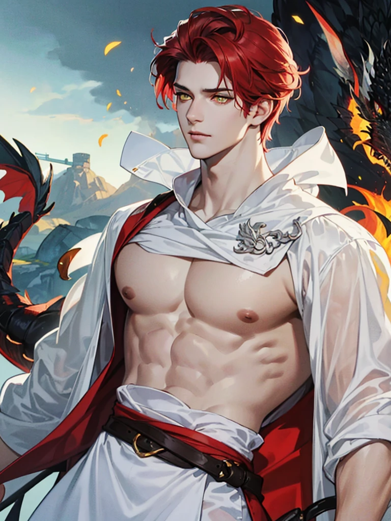 1boy, male, , cute face, tan skin, dragon wings, black wings, dragon tail, black tail, dragon horns, fire hair, tangelo hair, orange hair, red hair, fiery hair, fiery mane, fluffy hair, red eyes, cut eyebrow, sexy, skimpy, musclar, knight
