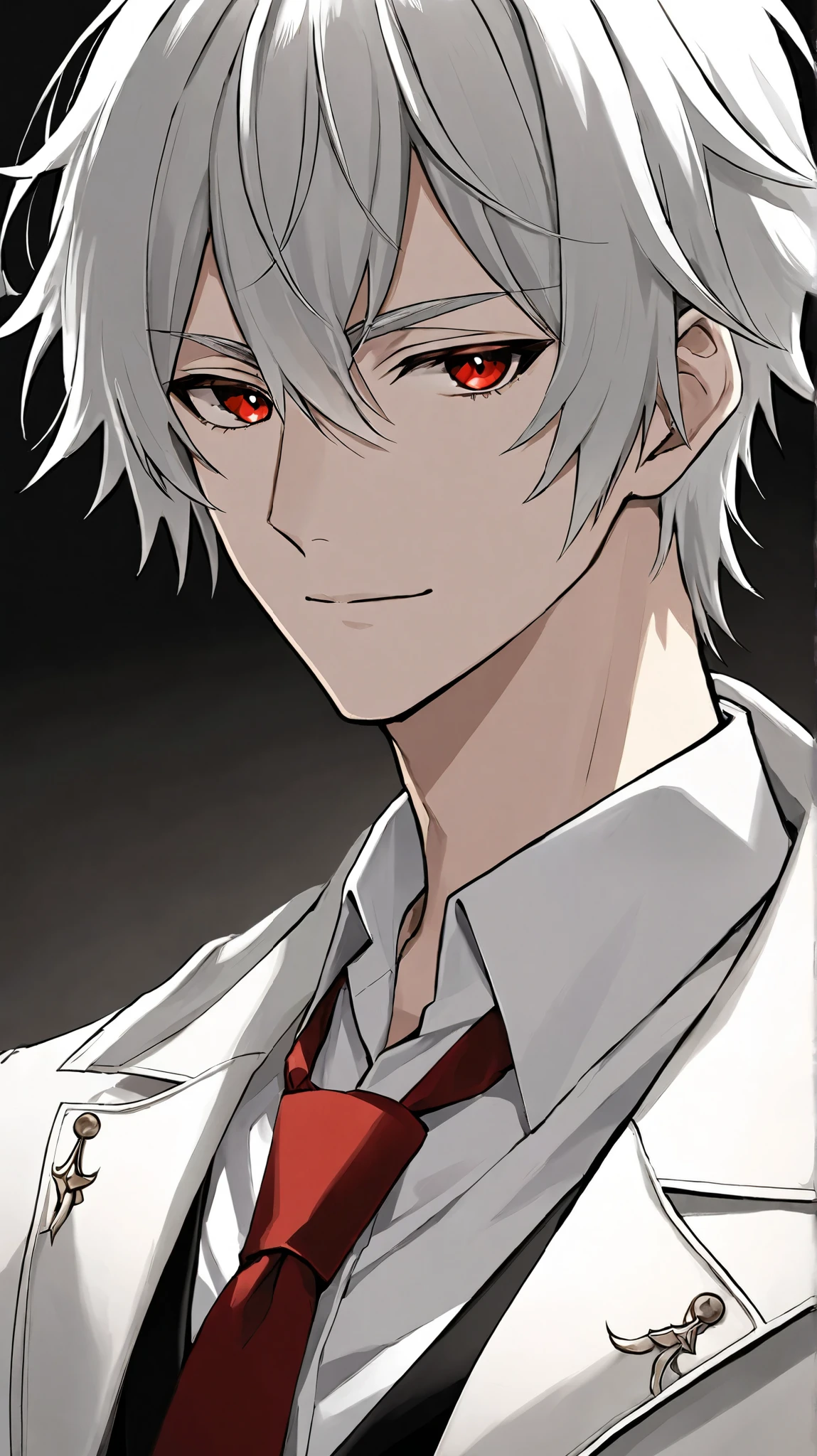 Highly detailed male anime character, early 20s, white hair, slightly messy with layered strands, medium length, side-swept fringe partially covering the forehead, subtle ahoge at the top, gentle wavy flow, loose strands framing the face, soft red eyes, calm and approachable expression with a soft smile, delicate yet mature facial features, black detective-style hoodie with a raised collar, white collared shirt underneath, loosely tied red necktie, black formal trousers, black and white sneakers, stylish yet professional, clean shading, soft lighting, intricate fabric details, fantasy gothic anime style, focus on upper body, character concept art, face-focused shot, high resolution, sharp details