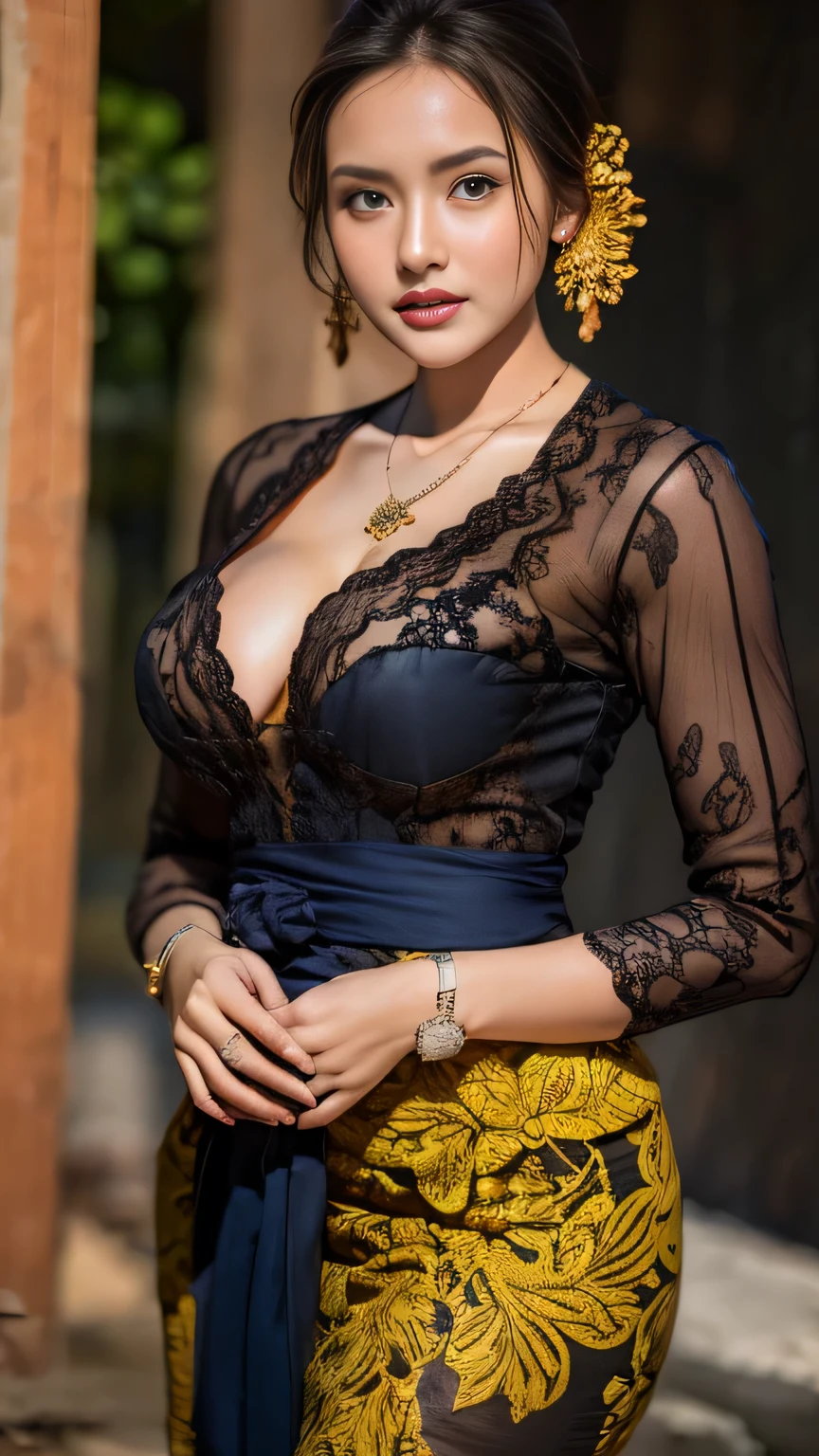 a beautiful girl, detailed body tattoos, wearing kebaya dress, beautiful detailed eyes, baby face, cute girl, big cleavage, huge breasts, earrings, necklace, Javanese ornaments, open your legs, photorealistic, 8k, masterpiece, highly detailed, digital painting, vibrant colors, dramatic lighting
