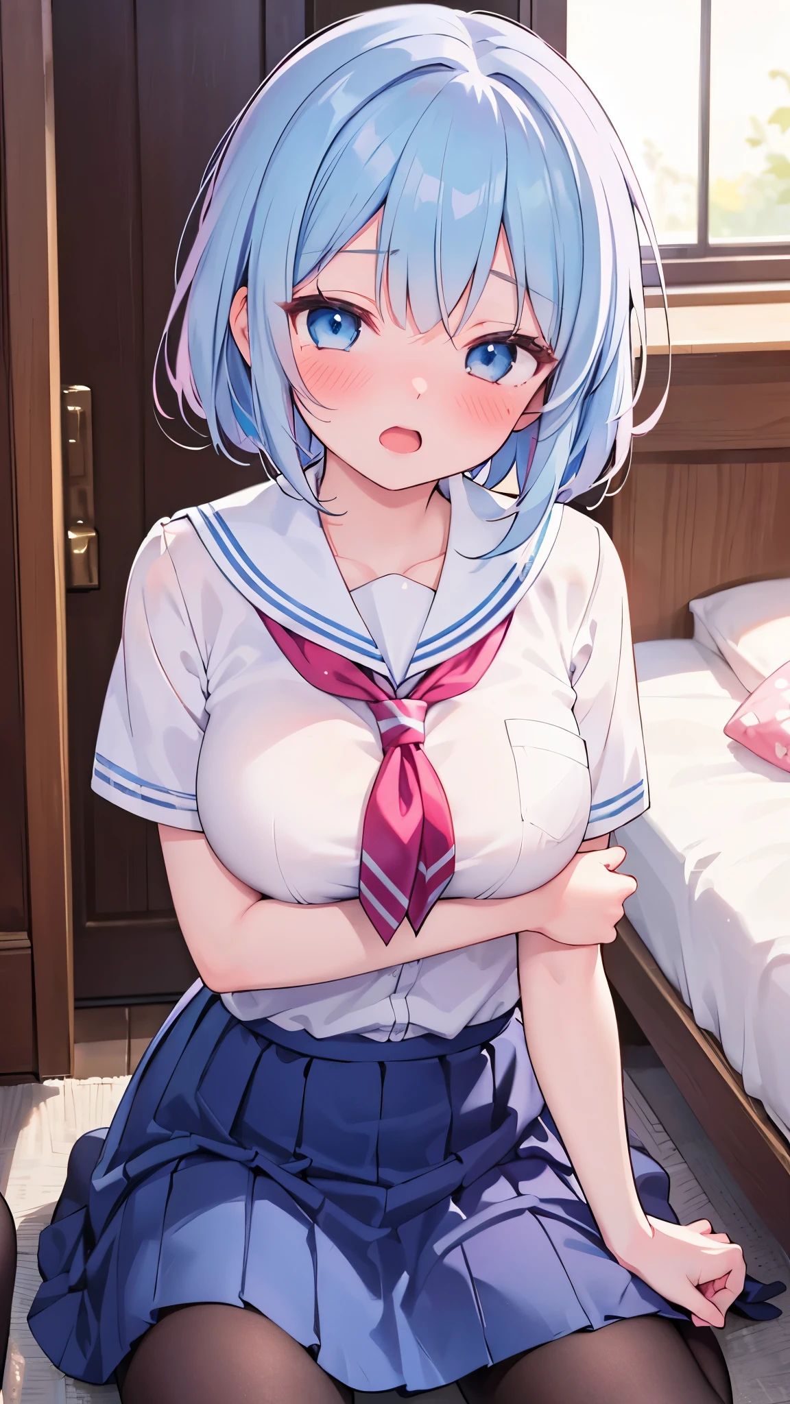 score_9,score_8_up,score_7_up, 1girl, anzu mazaki, blue eyes, short hair, large breasts, pink school uniform, (open mouth:0.7), blue skirt, empty eyes, half-closed eyes、(sexual climax):1.2, nose blush, open mouth,Pantyhose pull