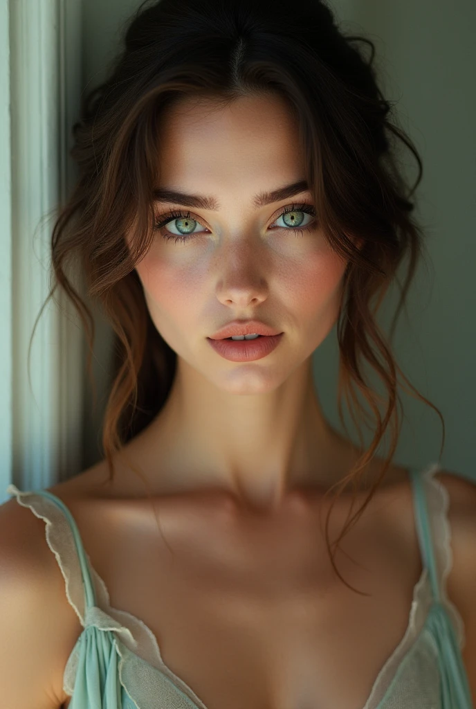 A woman with striking green eyes and a defined face, Featuring elegant and feminine traits, Highlighting your beauty both in your face and body.
She must be in one piece with little clothes..
A medium, firm chest with prominent nipples and a slim waist.