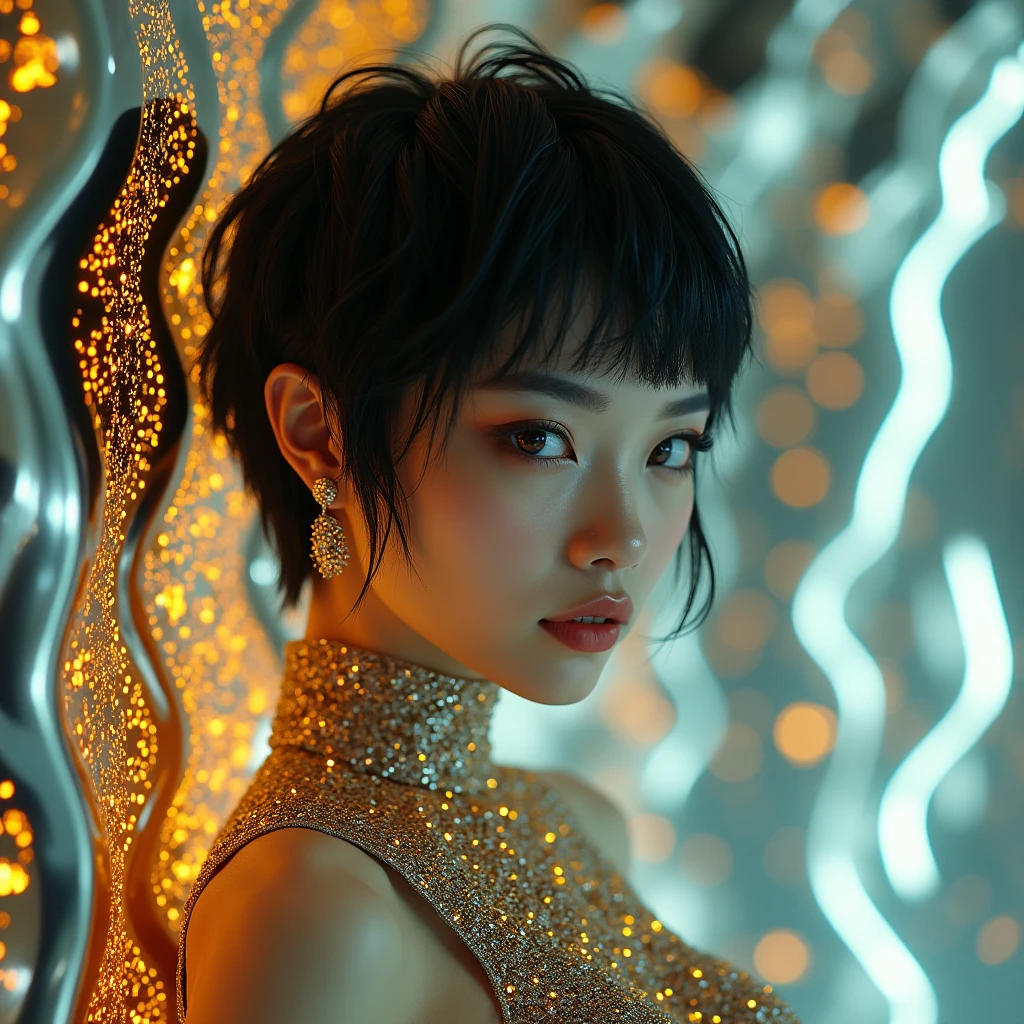 Korean model sporting stylishly cropped haircut, decorated with graphical patterns illuminating her eyes, pose inspired by the high-fashion editorial, flawless skin radiating under natural light, dressed in avant-garde couture, surrounded by the subtly twinkling city street lights, irony runway, high-res photo, urban nightlife, chic echos, aperture F 2.5,