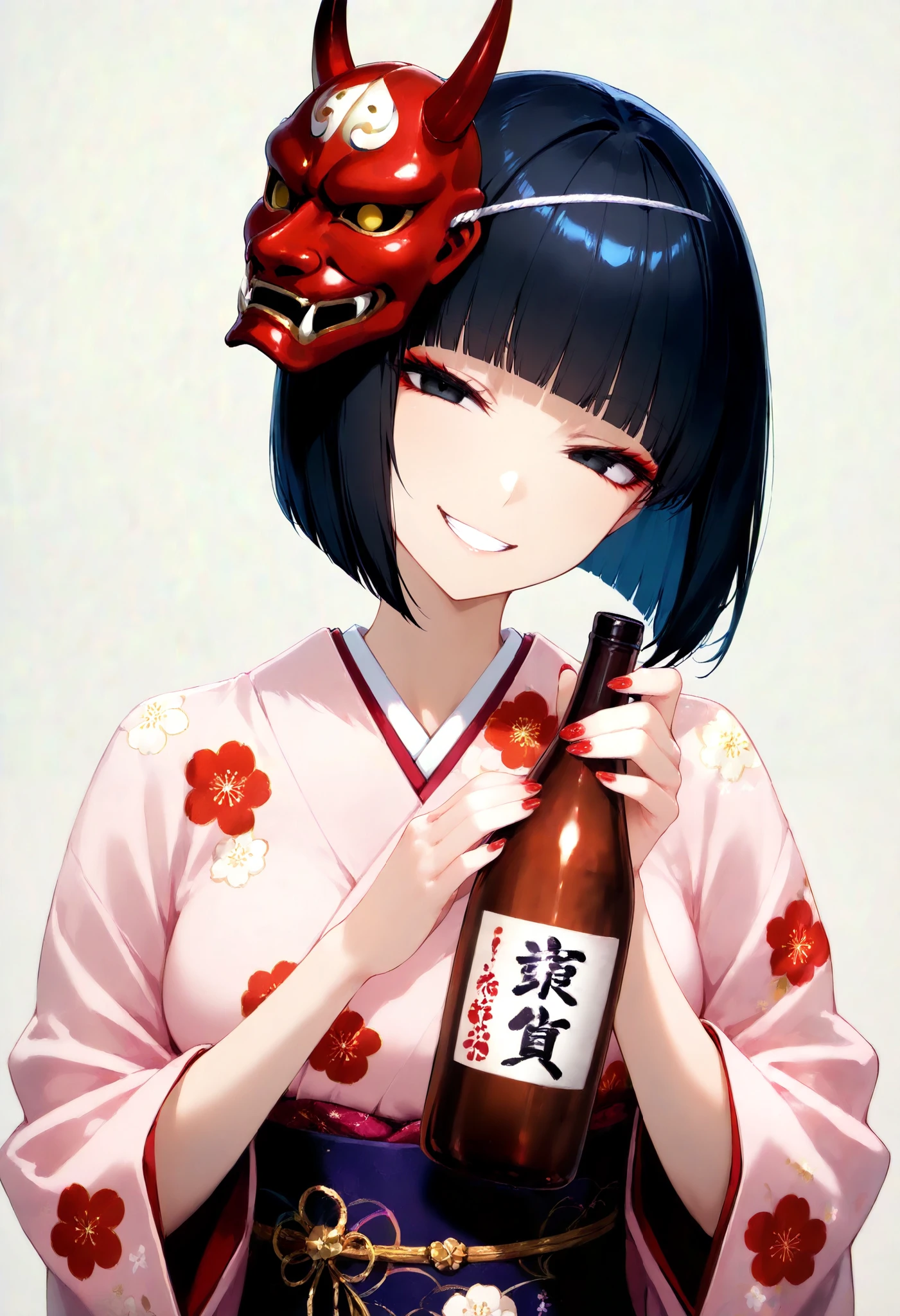 score_9, score_8_up, score_7_up, (1girl, solo), upper body, (black short hair, bob cut, blunt bangs), Japanese demon mask on the head, black eyes, (grin, evil smile), (Japanese clothes, kimono, floral print, sash, long sleeves, obi), head tilt, holding Japanese SAKE bottle, (nail polish, red nails), (simple background, grey background)