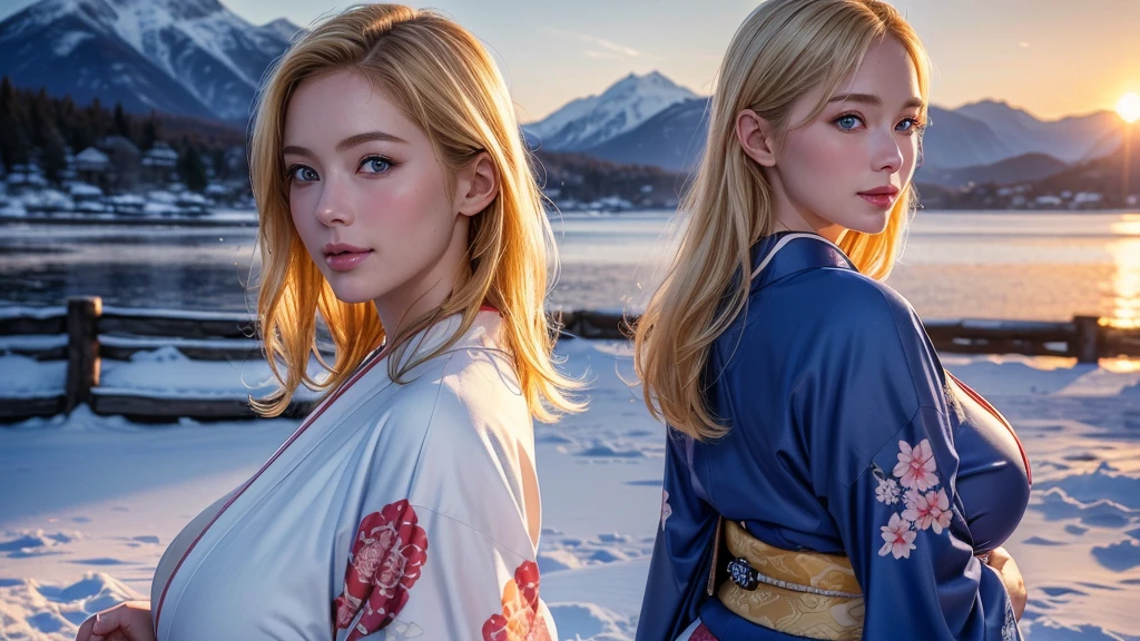 asuna, masterpiece, best quality, detailed, (1girl), solo, detailed golden eyes, long hair, standing, close to viewer, (detailed kimono), light smile, medium breasts, (arms behind back), water, sunset, (hair ornament), (Sakura bloom), snow mountain lake in the background