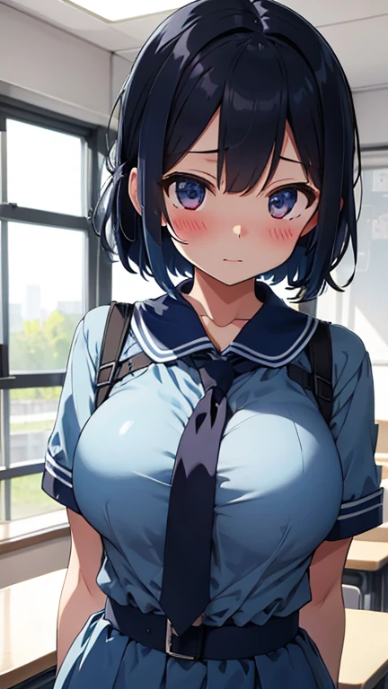 (masterpiece), best quality, (16k), expressive eyes, perfect face, office lady, 1 girl, solo, large breast, navel, ((topless)), (((wet navy blue solid pencil mini skirt))), bare arms, bare legs, shiny skin, wet body, indoors, in the locker room, Purple hair, very short hair, wet hair, blue eyes, (curvy), (voluptuous), standing, sad, wavy mouth, (cowboy shot), from front, steam breath, (orgasm:1.4),