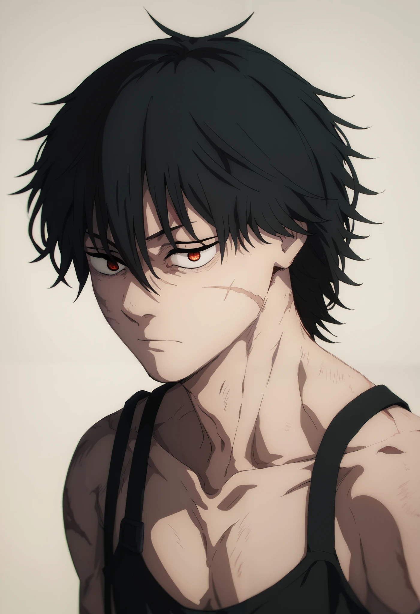 A chainsaw man boy, with long dark hair, young, demon eyes, scars