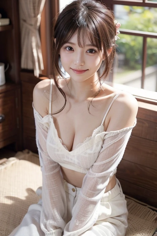 (8k, RAW Photos, Highest quality, masterpiece:1.2), (Twin tails), alone, Looking at the audience, Viewed from the front, ((性欲が強いhigh school girl:1.5))、Beautiful white skin, knees, Absurd face is small, Part your bangs down the middle, The forehead is visible, Glare, ((Mischievous smile:1.3)), Ultra-high resolution, cute, (exterior々Colorful and sexy dress:1.5), high school girl, (Baby Face:1.5), Japanese women, Are standing, (Photorealistic:1.37), Photon Mapping, Realistic, cute顔が小さい, Brown eyes, prospect, Written boundary depth, Blurred Background, (I can see the bangs), Silky smooth hair, Beautiful thin thighs, Small beautiful butt, Light clothing, thigh, Nogizaka idol, Idol, (Detailed hands:1.2, Accurate hands:1.1, Beautiful little hands of a girl:1.3), (Small small breasts:1.3, Cleavage), Super quality, Low people, (Clear white skin, Skin with visible pores:1.2), (Focus on the face), Check and correct the garment construction, (Perfect Anatomy:1.3), (Detailed eyes and face:1.2, Professional photography techniques), (Underwear is visible:1.3)