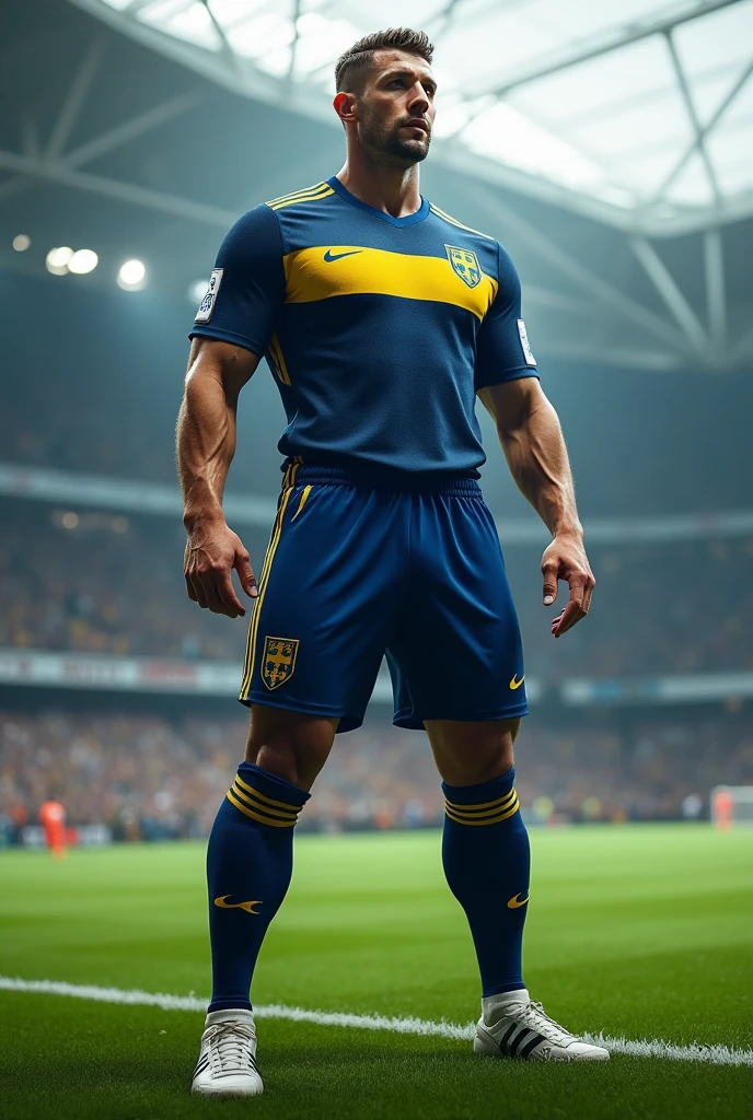Muscular soccer player Roman Todd with facial hair wears a shorts, blue long socks, holding a white cleat over his nose, smelling the shoes, bulge, big penis, leg hair, short cut hair, closing eyes, full body view
