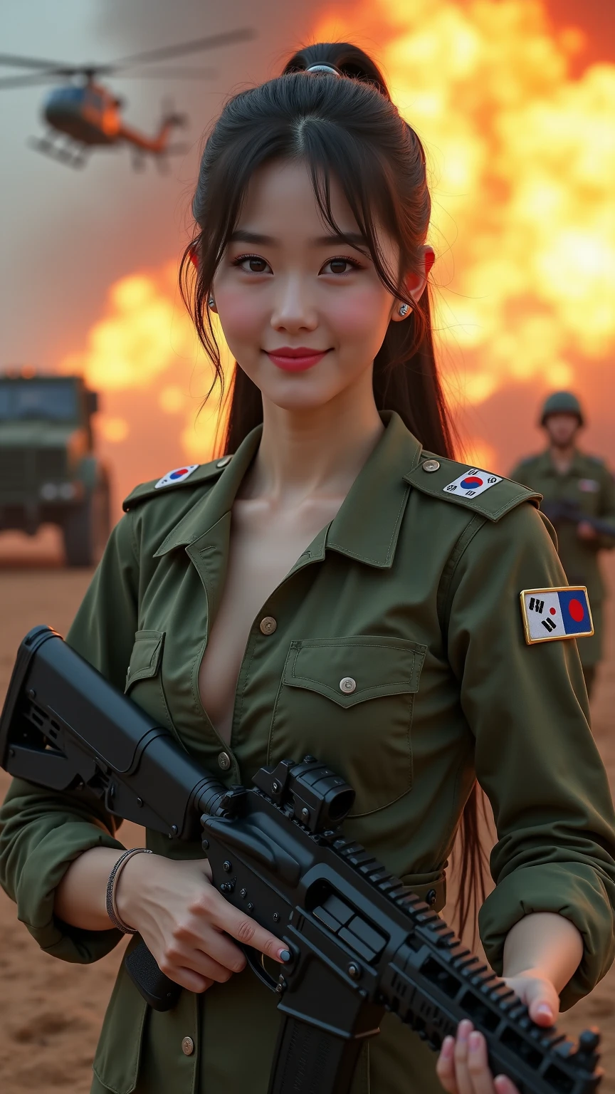 (8K, RAW Photos, Highest quality, masterpiece:1.2),(Realistic, Realisticな写真:1.4),(非常に詳細な CG Unity 8K 壁紙),(Round face: 1.5), (Detailed pupil:1.3),(Cool eyes:1.1),(A small smile:1.1),(Unforgettable Eyes:1.1),(Your eyes are so beautiful:1.1),
24-years-old, Japanese women, Dirty Face, Covered in scars、Bronze Skin, U in clothes.s. Marine Corps Uniform,Bulletproof vest、Backpack、Heavy machinery、 Fighting on the battlefield, Strong muscles, World war, Modern warfare theme,armyの少女, Assault rifle with accurate details, (Gripping the rifle: 1.3), (Aim そして hold the rifle.: 1.3), Gunfight, army, Baseball cap, car on fire, war zone,, explosion, Burning City, cigarette, Torn Tank Tower, belly button, Gloves, 破れたarmy用パンツ, Faces stained with mud and blood, Sweaty skin, bloody skin, Muddy skin, declaration of determination, Precise Representation, Highest quality, Ultra-high resolution, Realisticな, Spirit、Physically Based Rendering(Physically Based Rendering(Physically Based Rendering)), Cinema Lighting, Complex, Cinematic look,Cinematic soft light, Pleasant tone of voice, Battlefield Background, Background of urban warfare, Realistic, Cowboy Shot, Dynamic Angle,, Mahindrathar, electric wire, 8K!!, 偉大なmasterpiece,, make: Tom Karafik, (((Half naked with breasts visible))), (((Nipples)))