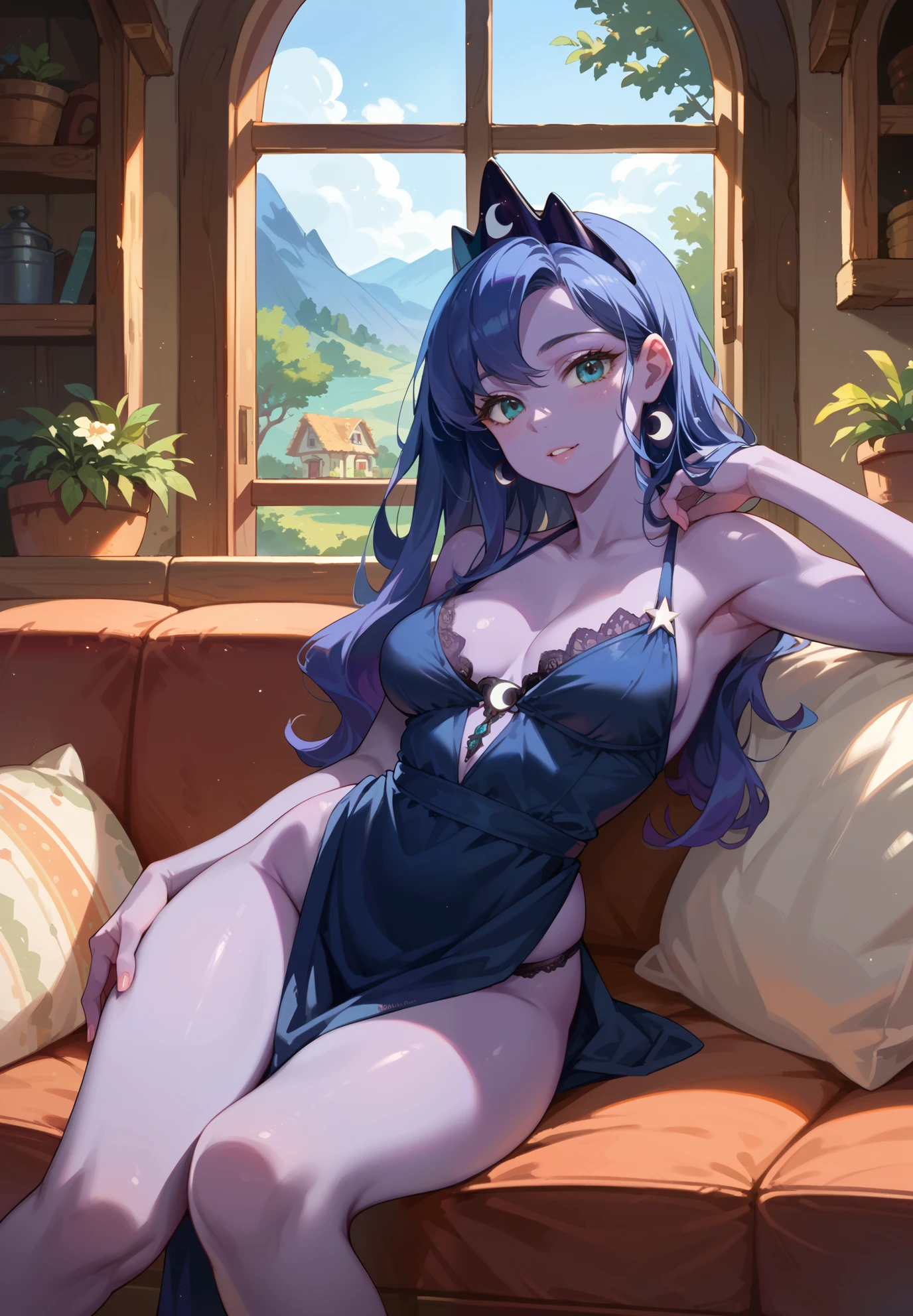 score_9, score_8_up, score_7_up, score_6_up, score_5_up, score_4_up, (solo), female white rabbit, furry, solo, inn bedroom, laying, light purple hair, blue eyes, long length wavy hairstyle, underwear, bra, digitigrade