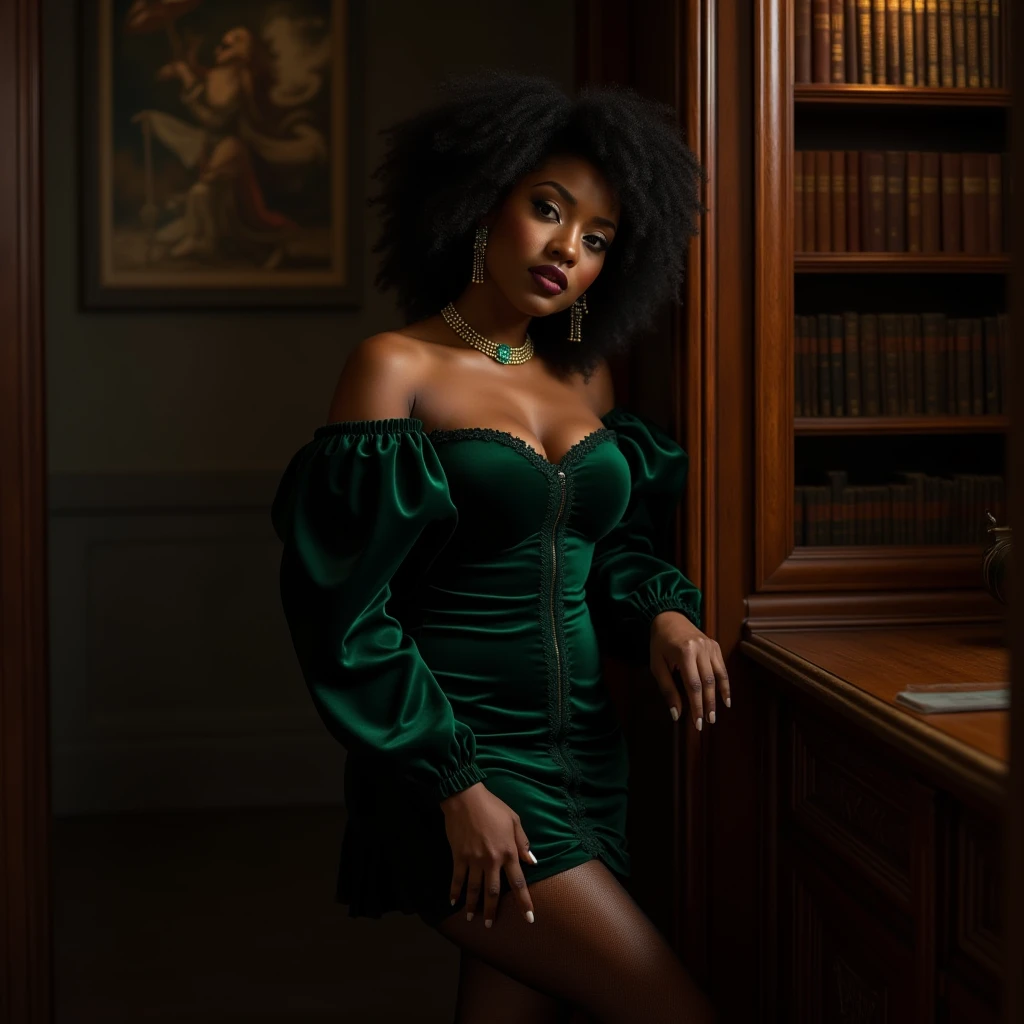 a chubby african woman with very short hair, elegant lounge attire, indoor gentleman's club setting, beautiful detailed eyes, beautiful detailed lips, extremely detailed eyes and face, long eyelashes, high quality, 8k, photorealistic, detailed painting, cinematic lighting, rich colors, dramatic atmosphere,  small breasts