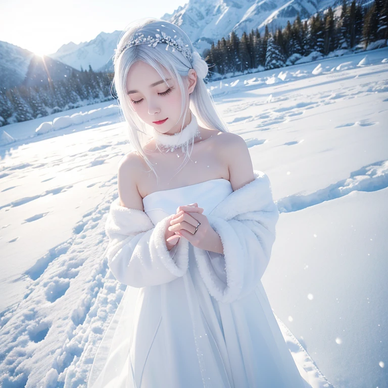 (close-up image) masterpiece、Highest quality、1 girl, winter, silver hair, Cute girl, smile, close mouse, large breasts, sideboob:1.4, white dress, off shoulder winter clothes, long skirt, Fur coat、Small waist、Thin legs、outdoors, front of the lake, snow falling, Prayer Pose, join hands, from front
