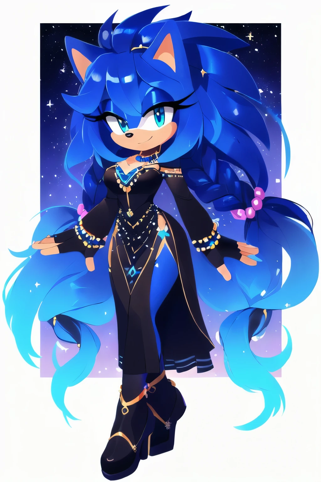 Sonic oc, Mobian, female, sonic the hedgehog but female, Cosmic hedgehog, A beautiful light blue hedgehog, purplish blue eyes, very long hair/quills, braided and beaded long hair bangs, long streaks of hair on each side of her face, (star constellation on hair, beads on hair, smooth fur, slim thick hourglass body, slim fit, wearing a long black long sleeve dress, black shoe, fingerless gloves, beaded hair and  decorated with rings, flowing hair 