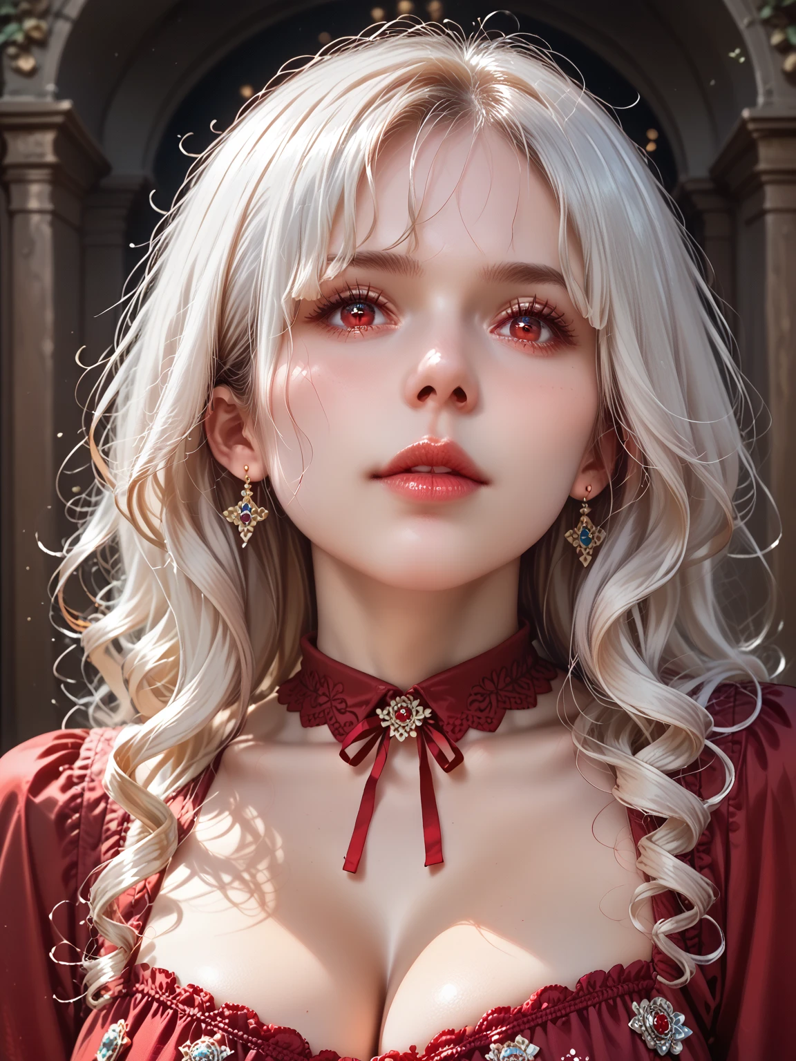 (((Masterpiece, best quality, highres))), (((vampire woman, red eyes, evil smile, menacing, stare to viewer))), ((pale skin)), ((gothic white dress, bob cut hair, white hair)), hyperrealist portrait of mature female by david hockney and alphonse mucha, fantasy art, photo realistic, dynamic lighting, artstation, poster, volumetric lighting, very detailed faces, perfect face, perfect hands, 4 k, award winning, 1girl, in the dark, deep shadow, low key, cowboy shot)), ((ancient background)).