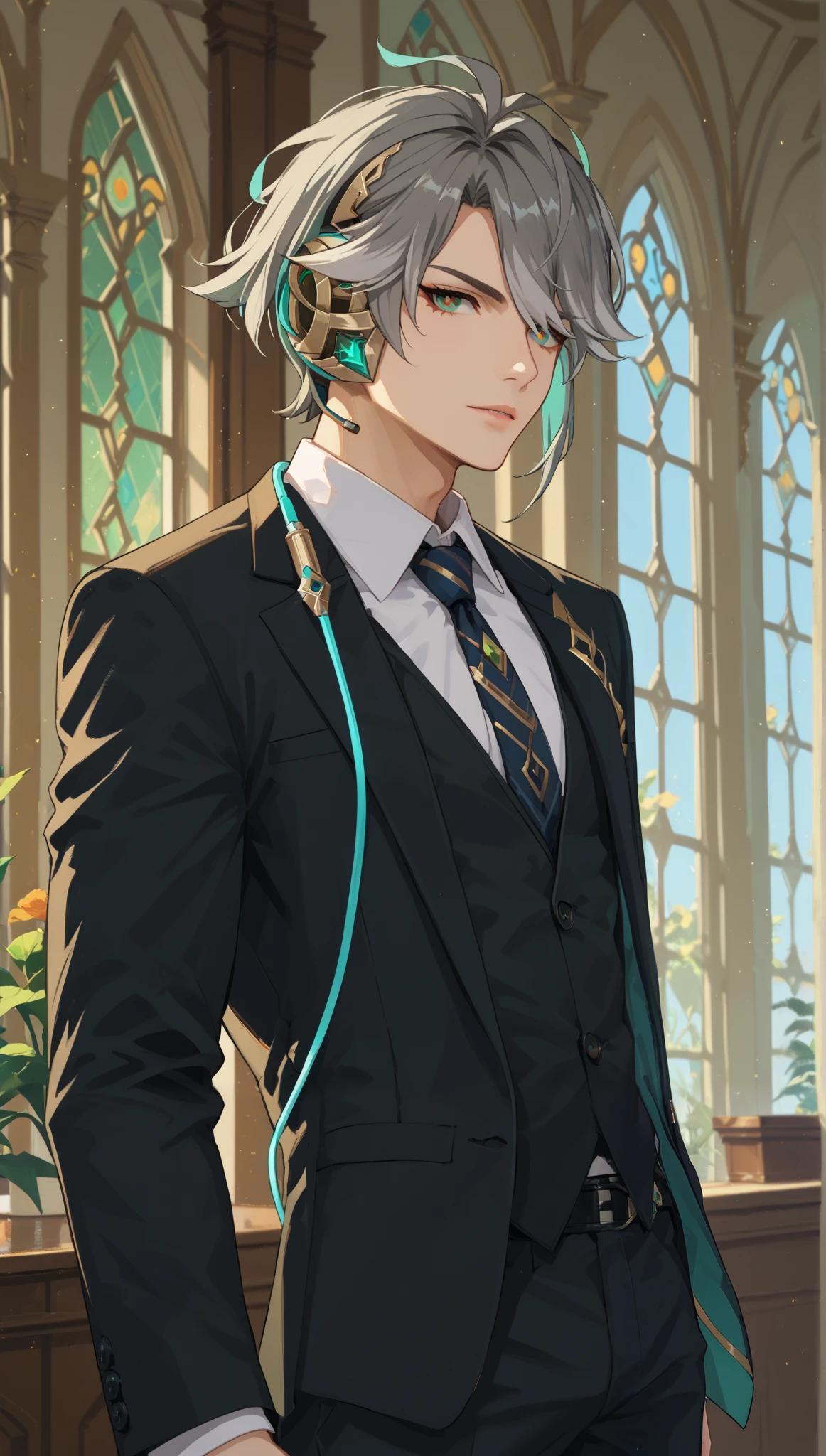 score_9,score_8_up,score_7_up, solo, alhaitham, multicolored hair, grey hair, green eyes, orange pupils black suit, formal suit, tie, white shirt inside the suit, Cowboy Shot, earphones
