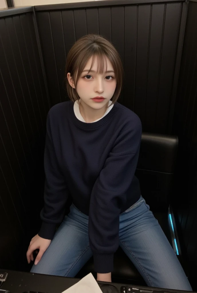 muste piece, best quality, illustration, Super detailed, fine details, High resolution, 8K,wall paper, perfect dynamic composition,(Details High quality, realistic depiction of eyes:1.3), (Fashionable, Oversize Pullover Dress), Layered Cut, large breasts, black hair color, Big Natural Color Lip, bold sexy pose, crying a little、cold gaze, Harajuku style、30 year old girl、cute type、lolita、beautiful legs, hotel room, hposing Gravure Idol