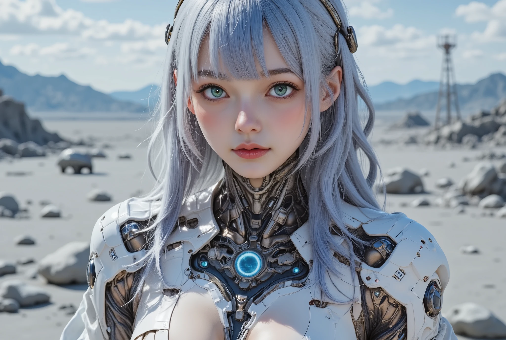 (((whole body))), (((whole bodyショット))), cyborg, Exosuits, Mecha, future, Nerissa Tidkoller is a 20-year-old ferocious warrior, Statue-like, blue hair , green eyes, Trident , Water Magic , Guardian ., cybersilk combat equipment , This sophisticated , future bodysuit is woven from cyber-silk, cutting-edge materials that increase agility and speed . geometric circuits that glow faintly along the entire body , and leave faint marks on segmented , graphene reinforced panels on chest and forearms , shoulder, provide tactical protection . This suit is 、 Equipped with biomeshing technology that adapts to the environment , enable thermal regulation and cloaking functions , in a lunar colony overlooking the Earth : The dome of the colony shimmers under the light of the Earth far away. landscape is desolate , gray desert , communication towers and mining equipment scattered . The glass walls of the dome 、 provide panoramic views of distant blue planets , small rovers slowly advance on the surface of the earth , lunar dust ., from a film by Hendrik Kelstons Still image 、Dark Art, colorful art by Renji Murata , vibrant, Anime, Sci-fi, character design, portrait photo , modern interpretations of old master paintings , exploring identity and culture . shallow depth of field , Vignette, high definition , High budget, Bokeh, cinemascope, Sulky, amazing, nice, film grain , Rough