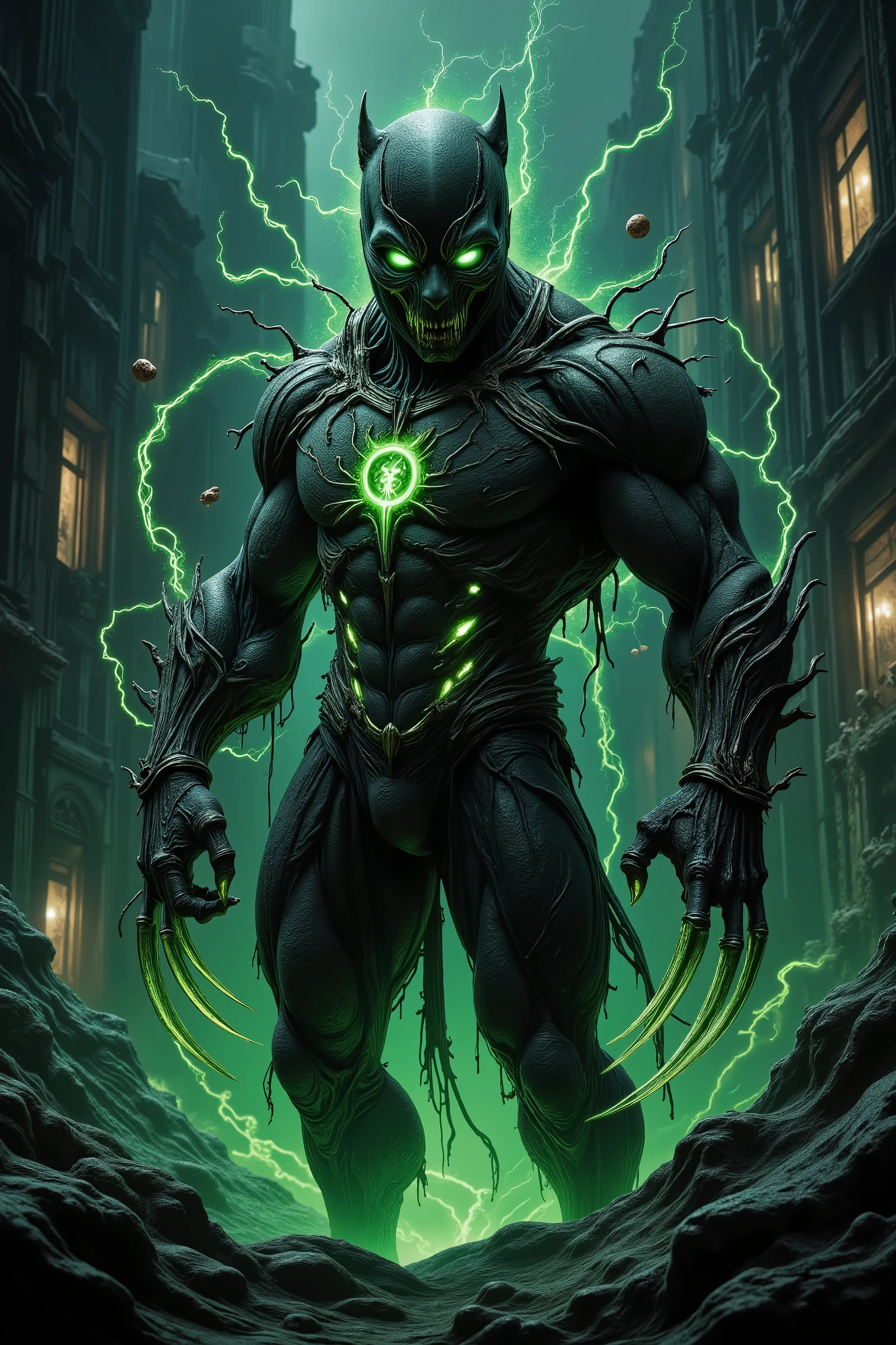 ((masterpiece)) ((photography)) ((Highest quality)) A nightmarish zombie version of A hyper-realistic image of a hybrid being combining the regal strength of Black Panther with the cosmic energy of Green Lantern, set against a destroyed urban street backdrop. The hybrid features a muscular frame clad in a torn, and tattered black and green suit, blending the textures of pieces of vibranium with faintly glowing emerald light. A partially glowing green panther emblem on the chest radiates dimly with power, and the figure’s claws shimmer with an energy-infused glow drips with blood. The hybrid stands slightly farther from the camera, surrounded by the rubble of broken buildings and cracked streets, giving the viewer a clear view of multi wounds, lashes and gashed opeings on the body of black panther green lantern beings. The dramatic lighting captures the fine details of its hybrid design, blending realism with a bold and commanding presence."
