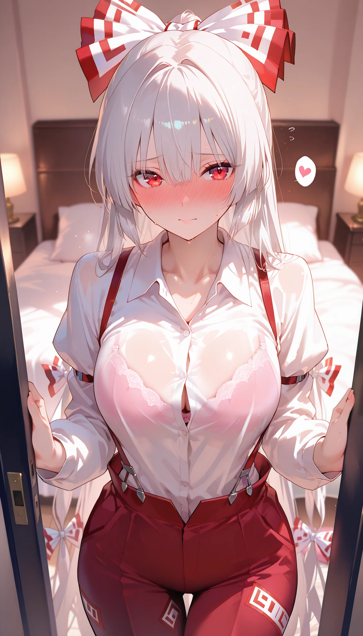 masterpiece, beautiful woman, adult female, cute, score_9, score_8_up , score_7_up , , rating_ general , bow,zzMokou, red eyes, hair between eyes, grey hair, hair bow, hair ribbon, long hair, very long hair, white hair, bow, suspenders, white shirt, shirt, long sleeves, pants, white bow, red pants, collared shirt, slim, slender body, (NSFW, bra), (indoor, Love Hotel , bed, dim), full-face blush、speech bible, lovely face, embarrassed, sweat, full blush, loving you, hide your face with your hands when parting ways:1.3, lovely hearts:1.4, heart-shaped pup ils, speech bible, throw, source_anime