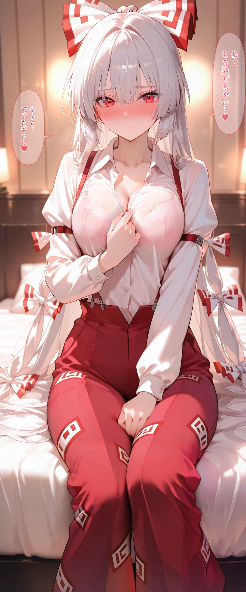 masterpiece, beautiful woman, adult female, cute, score_9, score_8_up , score_7_up , , rating_ general , bow,zzMokou, red eyes, hair between eyes, grey hair, hair bow, hair ribbon, long hair, very long hair, white hair, bow, suspenders, white shirt, shirt, long sleeves, pants, white bow, red pants, collared shirt, slim, slender body, (NSFW, bra), (indoor, Love Hotel , bed, dim), full-face blush、speech bible, lovely face, embarrassed, sweat, full blush, loving you, hide your face with your hands when parting ways:1.3, lovely hearts:1.4, heart-shaped pup ils, speech bible, throw, source_anime