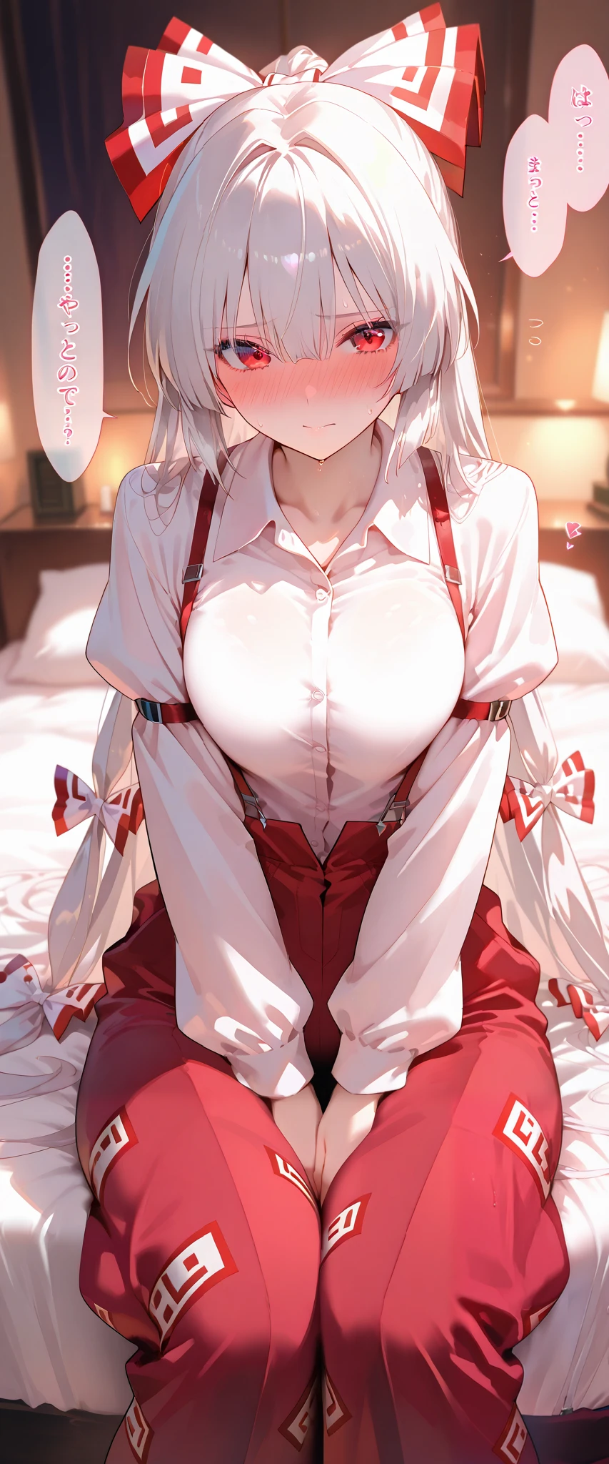 masterpiece, beautiful woman, adult female, cute, score_9, score_8_up , score_7_up , , rating_ general , bow,zzMokou, red eyes, hair between eyes, grey hair, hair bow, hair ribbon, long hair, very long hair, white hair, bow, suspenders, white shirt, shirt, long sleeves, pants, white bow, red pants, collared shirt, slim, slender body, (indoor, Love Hotel , bed, dim), full-face blush、speech bible, lovely face, embarrassed, sweat, full blush, loving you, hide your face with your hands when parting ways:1.3, lovely hearts:1.4, heart-shaped pup ils, speech bible, throw, source_anime