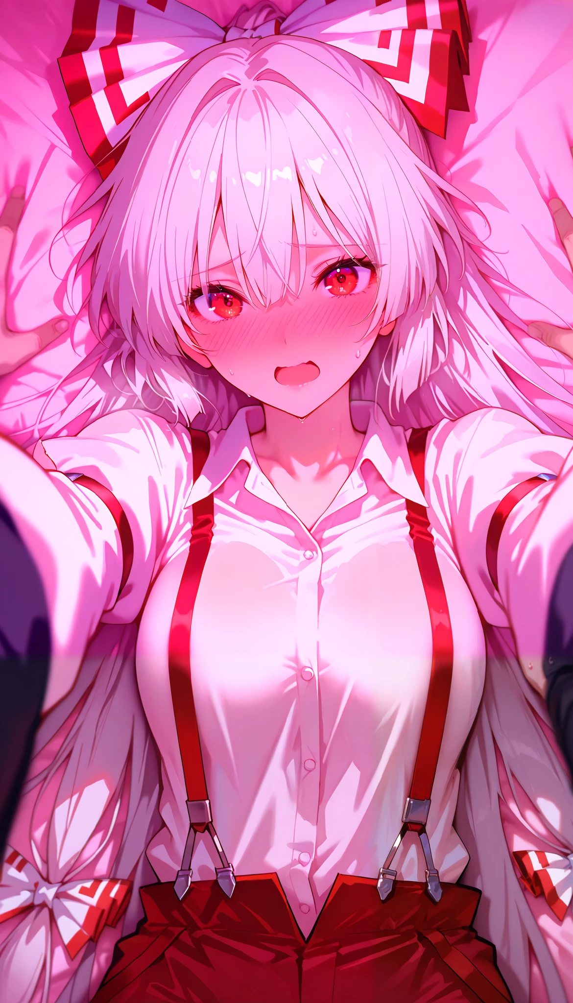 masterpiece, beautiful woman, adult female, cute, score_9, score_8_up , score_7_up , , rating_ general, zzMokou, red eyes, hair between eyes, grey hair, hair bow, hair ribbon, long hair, very long hair, white hair, bow, suspenders, white shirt, shirt, long sleeves, pants, white bow, red pants, collared shirt, upper body,slim, slender body, (indoor, Love Hotel , bed, dim), (lying on bed, angle from above), full-face blush, speech bible, (lovely face, embarrassed, sweat, full blush, loving you, ecstacy, open mouth), hide your face with your hands when parting ways:1.3, lovely hearts:1.4, heart-shaped pup ils, speech bible, source_anime, pov, 1man, povhands, reaching hands