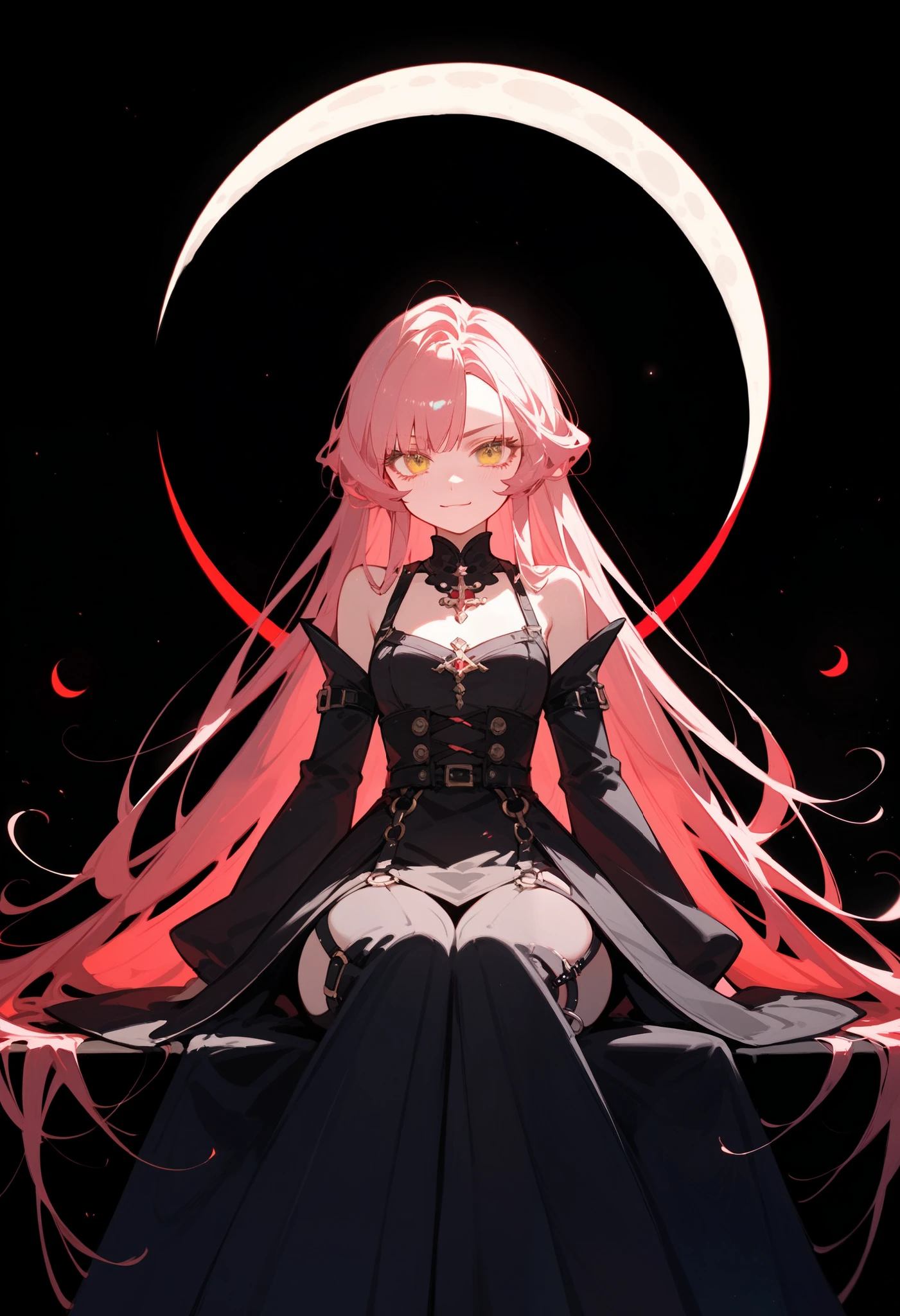 alone, girl, Light Red Hair ,Black two piece set,sit, black background,Fierce face,Long hair, cute,Pink cheeks, Small Straps, Open Shoulders, Moon Red , in yellow eyes, princess ,polite,Not smiling, long skirt