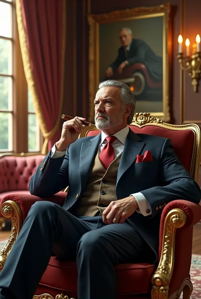 (best quality,4k,8k,highres,masterpiece:1.2),ultra-detailed,(realistic,photorealistic,photo-realistic:1.37),portrait,professional,studio lighting,(vivid colors:1.1),sharp focus,(oil painting:1.1),(man,gentleman:1.1) with (thick mustache, well-groomed mustache:1.2) and a (subtle smile, slight smile:1.1), holding a (cigar, cigarate, lit cigar:1.2) in his hand, (refined suit, elegant suit, tailored suit:1.1) with a (matching tie:1.1), sitting in a (luxurious armchair, comfortable armchair) in a (richly decorated room:1.1). The room is filled with (warm, golden:1.1) light, highlighting the (subtle details of the man's face:1.2), capturing the (smoke, aroma:1.1) from the (cigar:1.1). The background features (ornate, antique:1.1) furniture, (delicate patterns:1.1), and (luxurious fabrics:1.1), creating an atmosphere of (elegance, sophistication:1.1) and (timeless style:1.1).
